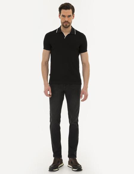 Siyah Slim Fit Polo Yaka Triko Kazak - 50222958032