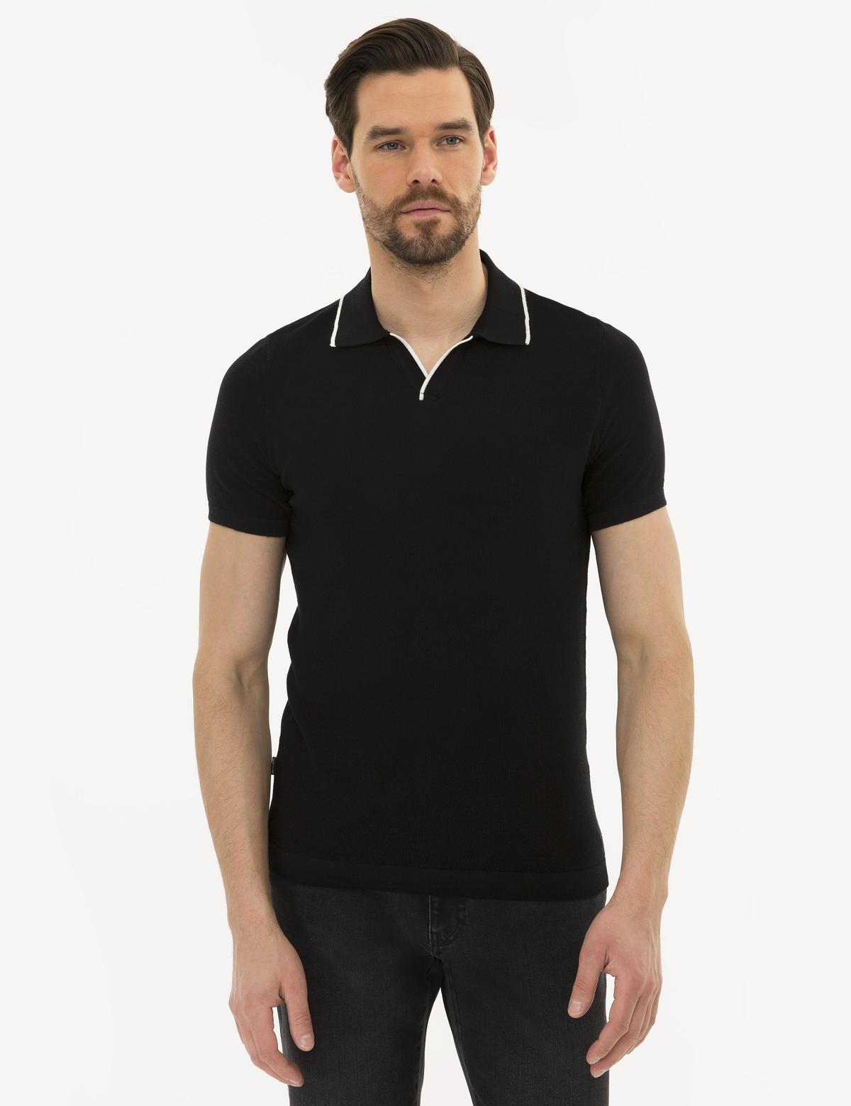 Siyah Slim Fit Polo Yaka Triko Kazak - 50222958032