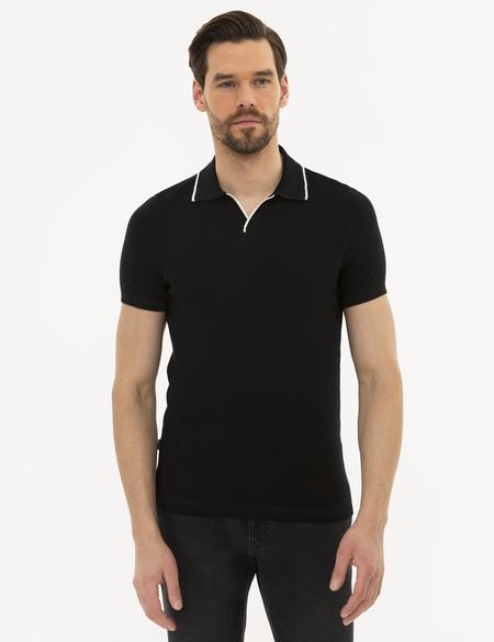 Siyah Slim Fit Polo Yaka Triko Kazak - 50222958032