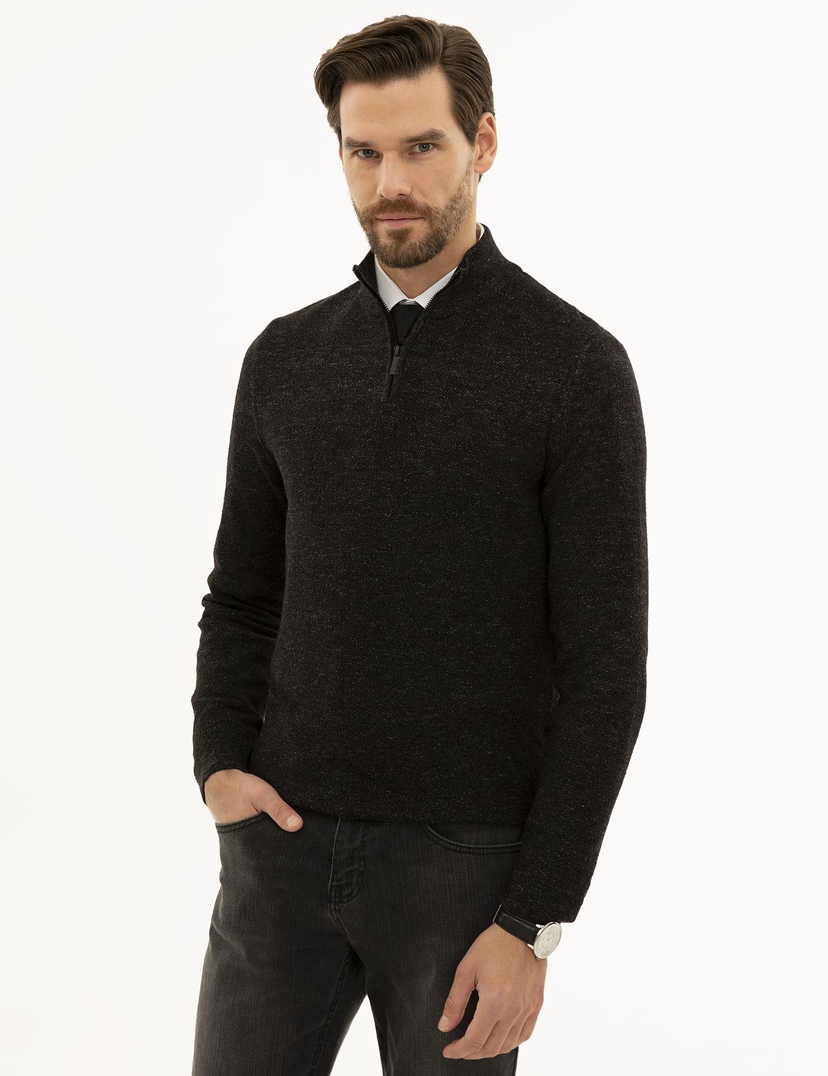 Siyah Slim Fit Fermuarlı Dik Yaka Triko Kazak - 50228389028