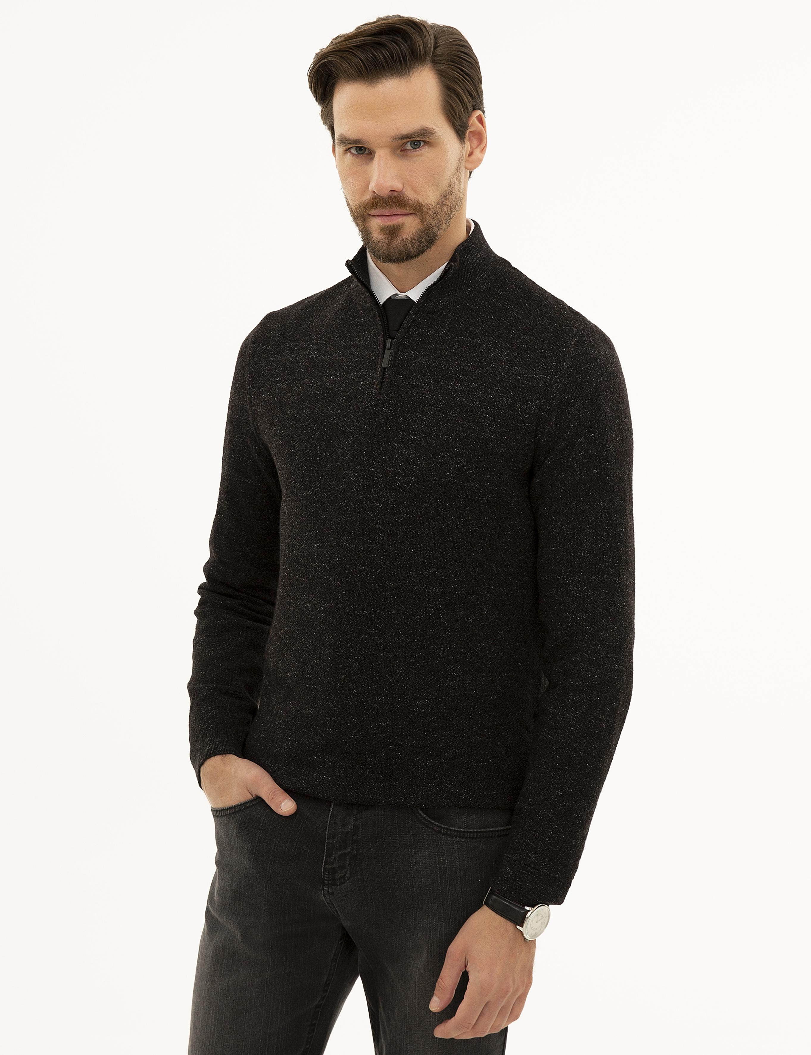 Siyah Slim Fit Fermuarlı Dik Yaka Triko Kazak