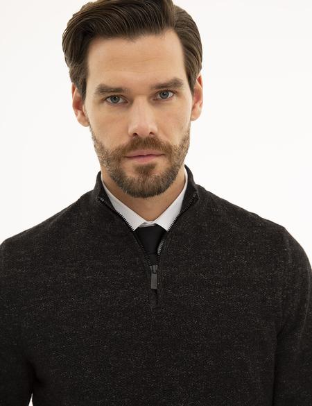 Siyah Slim Fit Fermuarlı Dik Yaka Triko Kazak - 50228389028