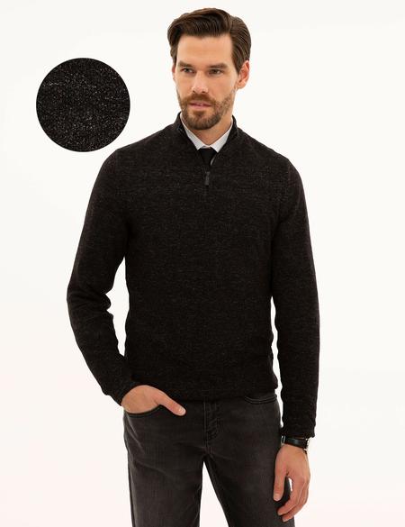 Siyah Slim Fit Fermuarlı Dik Yaka Triko Kazak - 50228389028