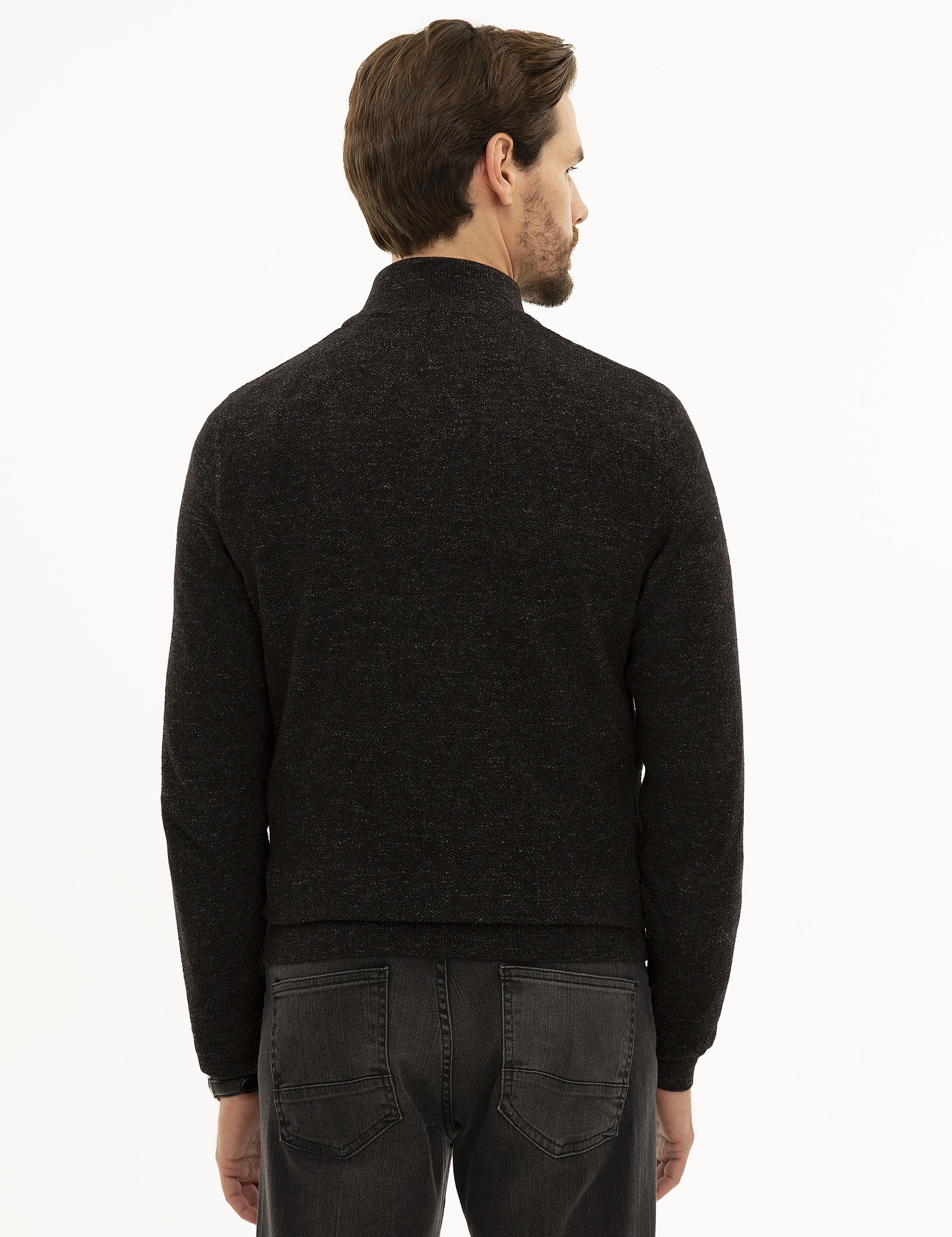 Siyah Slim Fit Fermuarlı Dik Yaka Triko Kazak