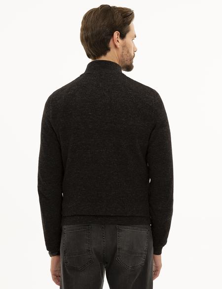 Siyah Slim Fit Fermuarlı Dik Yaka Triko Kazak - 50228389028