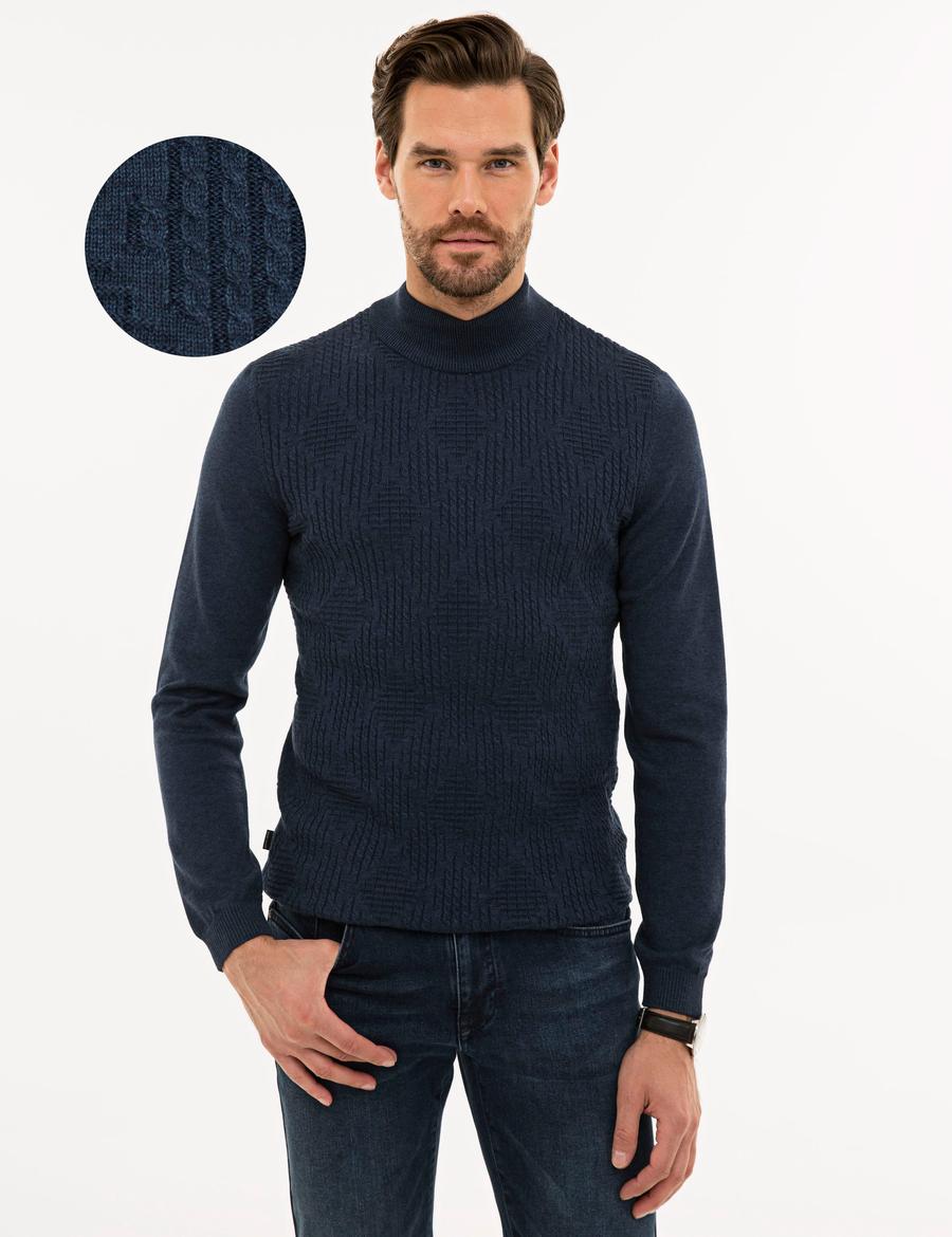 Lacivert Melanj Slim Fit Yarım Balıkçı Yaka Triko Kazak