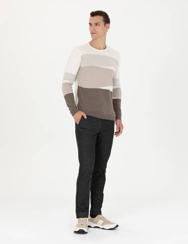 Ekru Slim Fit Bisiklet Yaka Triko Kazak