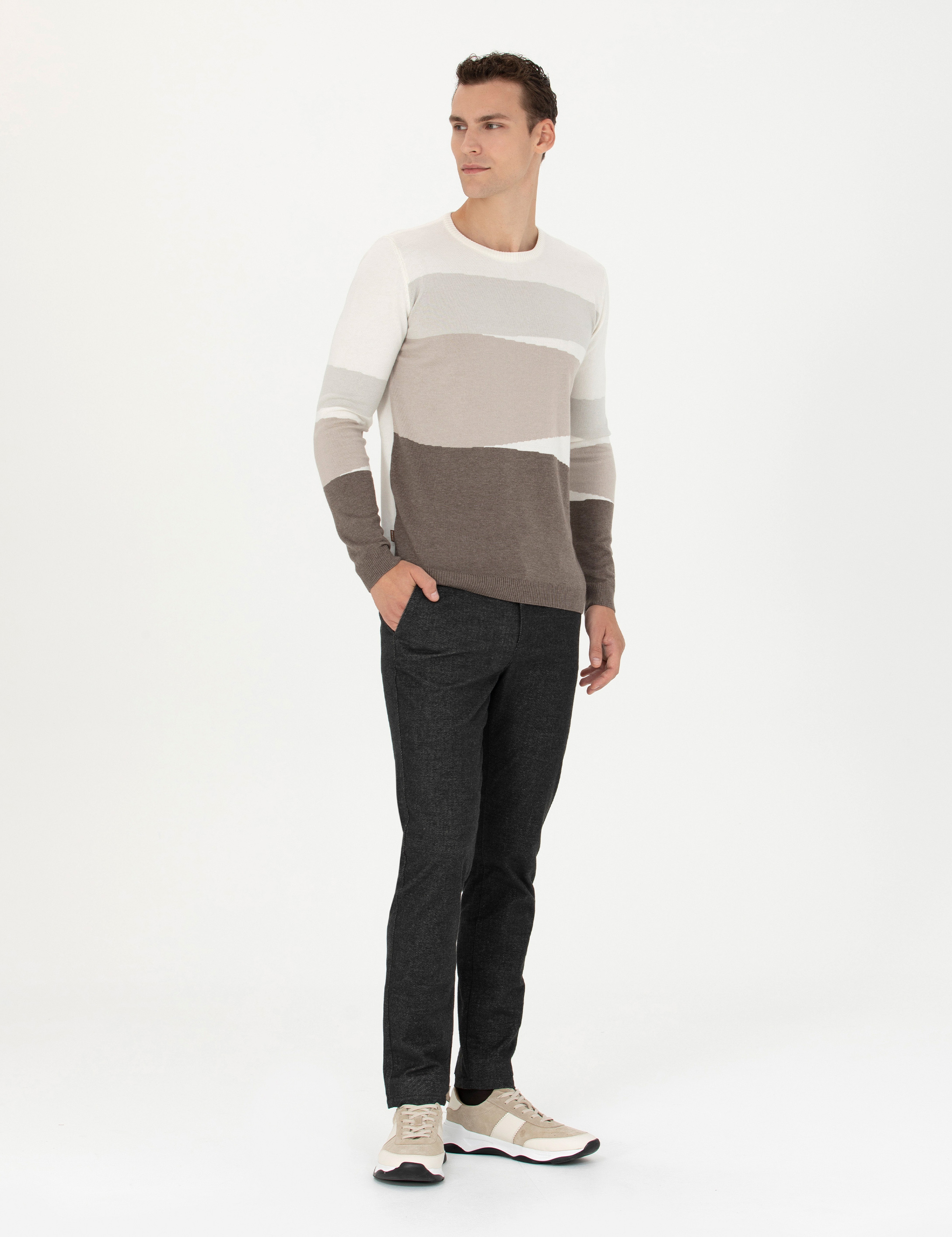 Ekru Slim Fit Bisiklet Yaka Triko Kazak - Image 4