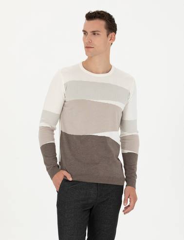 Ekru Slim Fit Bisiklet Yaka Triko Kazak