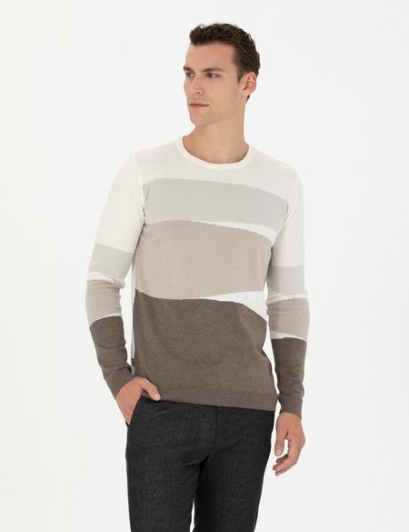 Ekru Slim Fit Bisiklet Yaka Triko Kazak - 50278105017