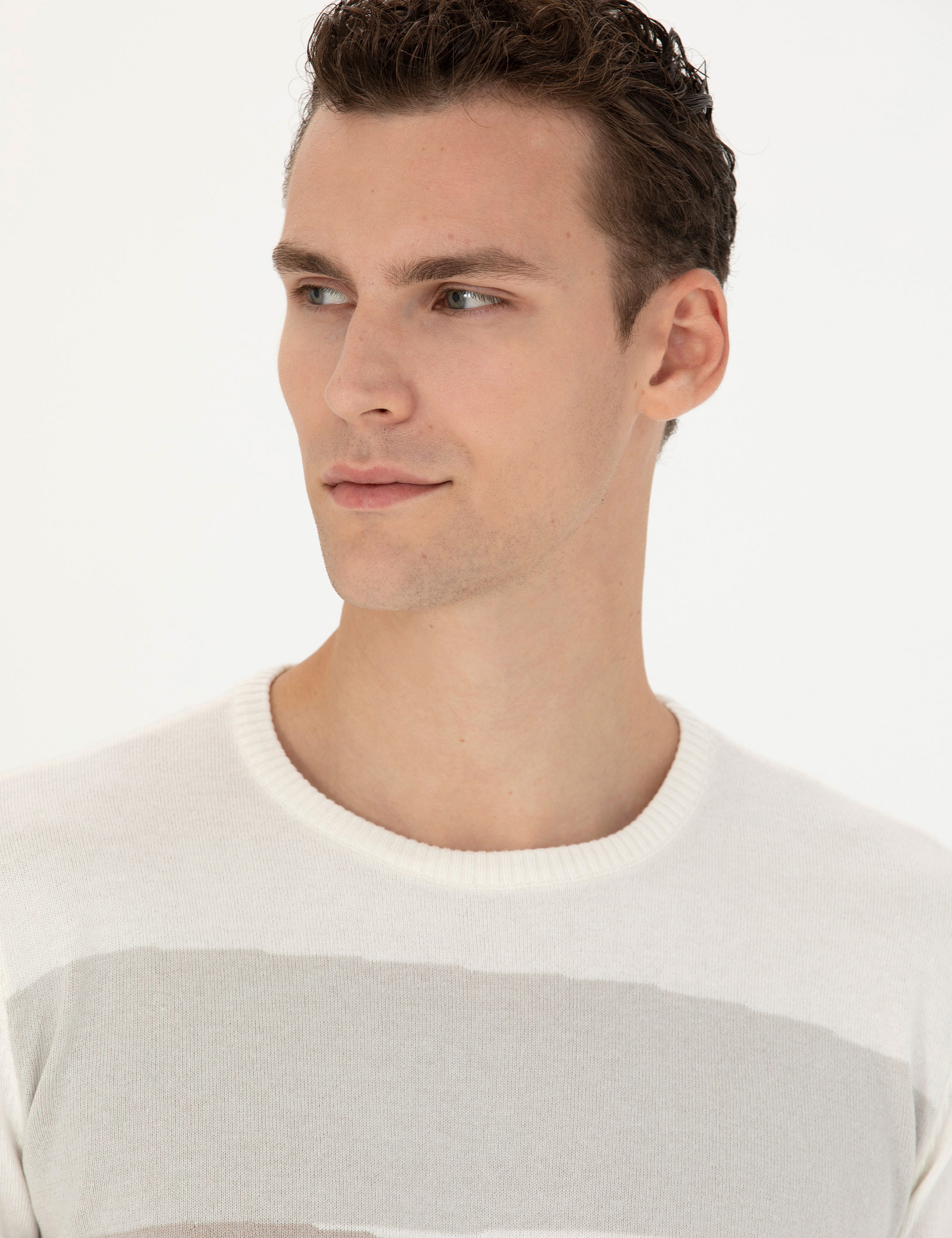 Ekru Slim Fit Bisiklet Yaka Triko Kazak - Image 2