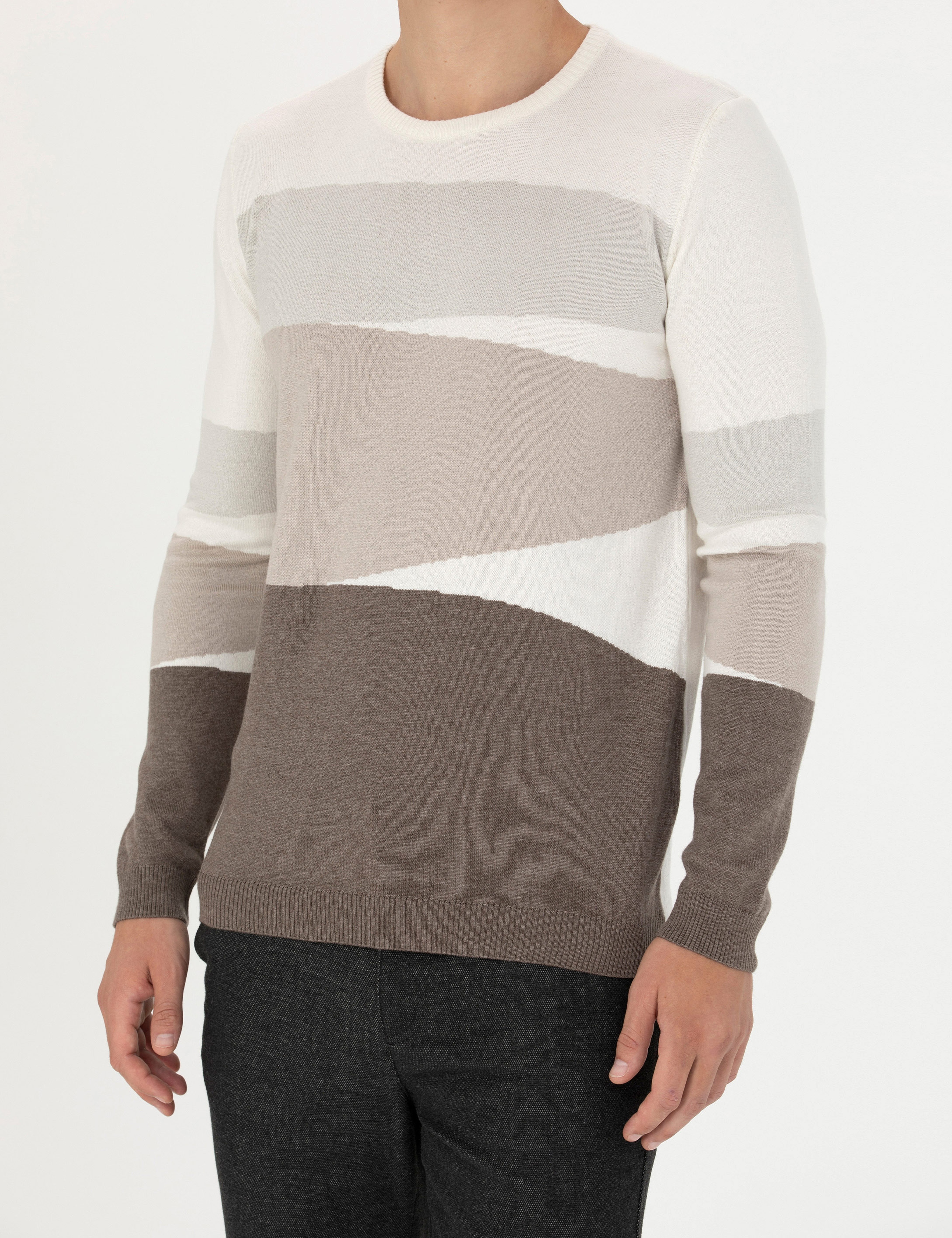 Ekru Slim Fit Bisiklet Yaka Triko Kazak - Image 6