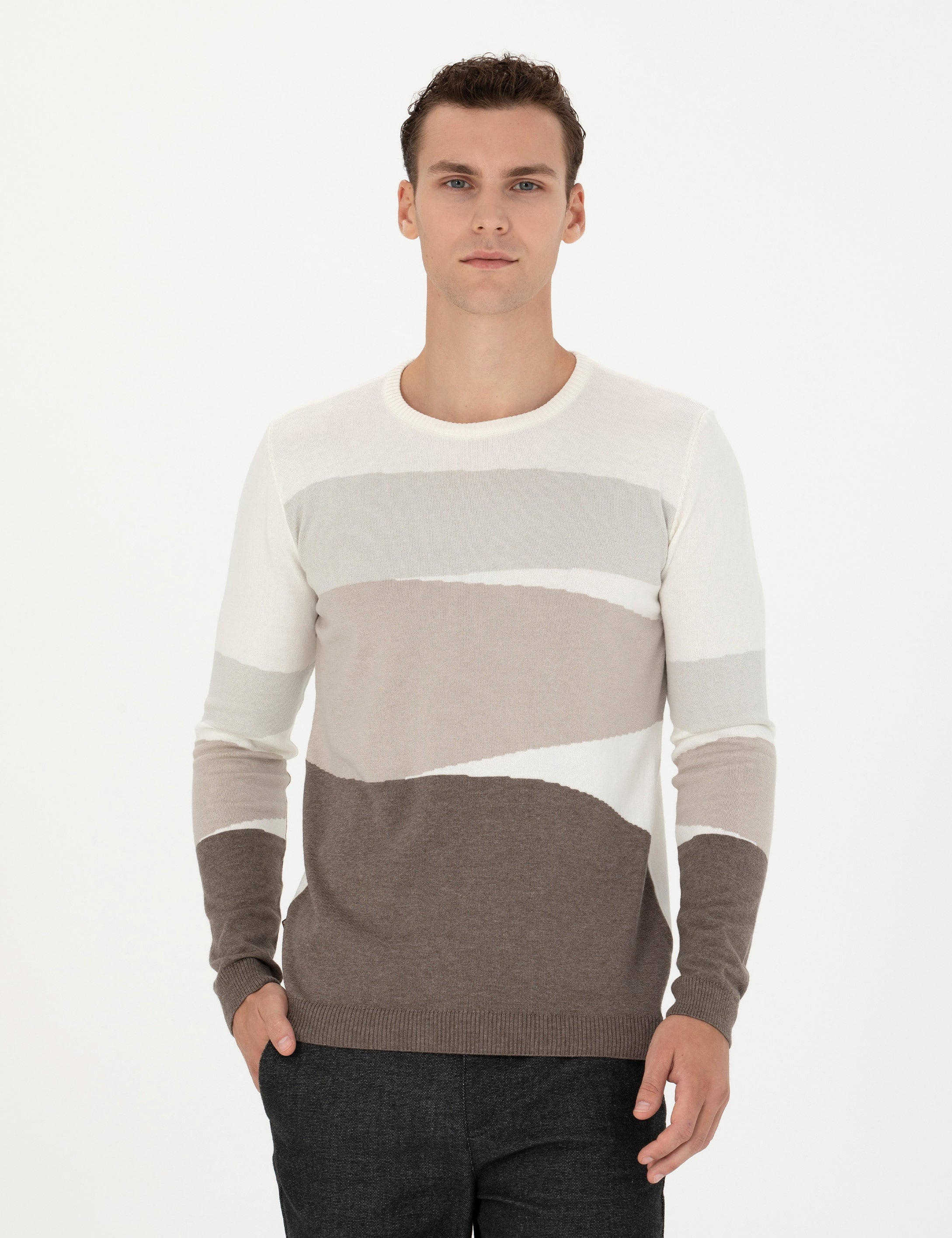 Pierre Cardin Ekru Slim Fit Bisiklet Yaka Triko Kazak görsel 3