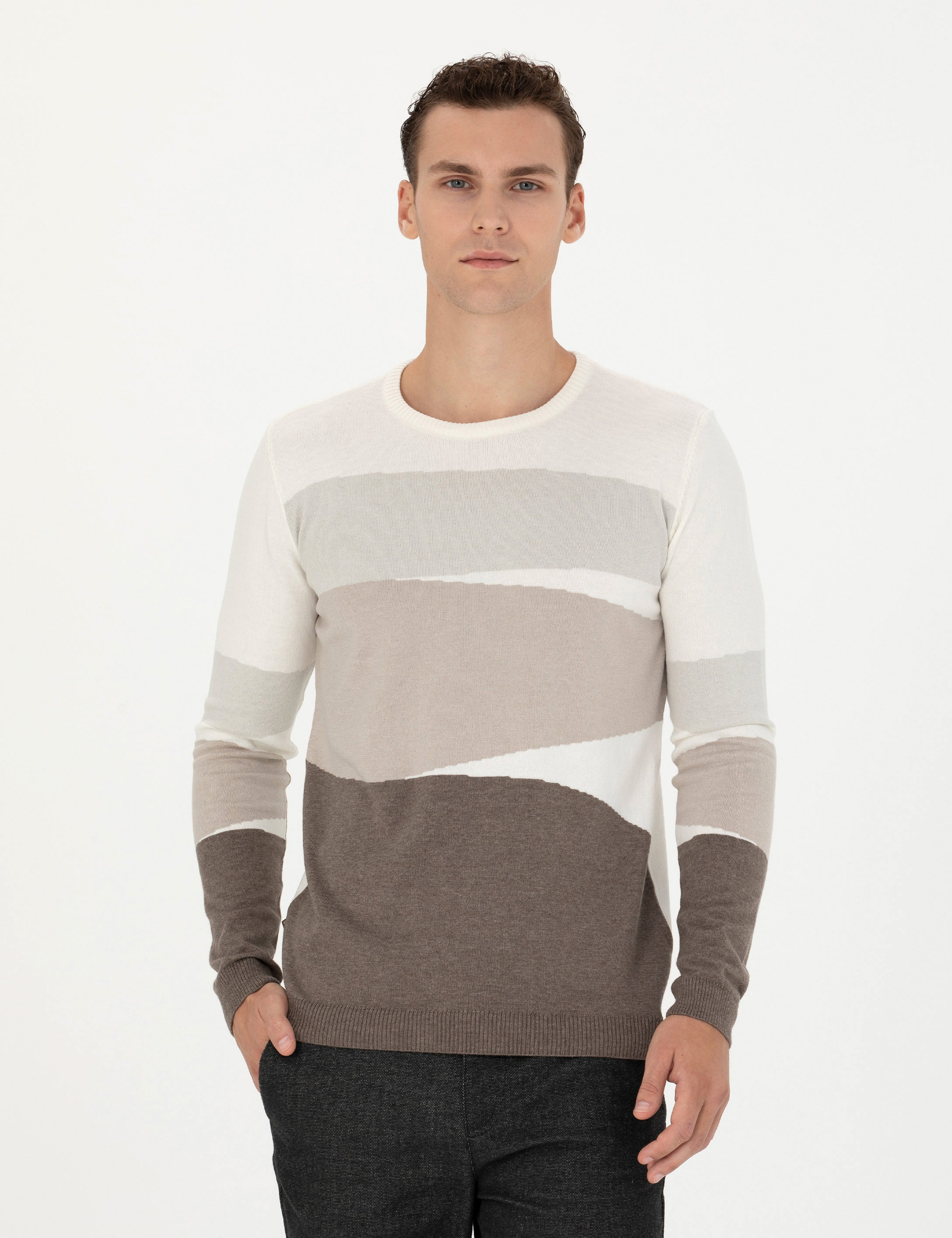 Ekru Slim Fit Bisiklet Yaka Triko Kazak - Image 3