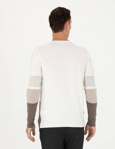 Ekru Slim Fit Bisiklet Yaka Triko Kazak