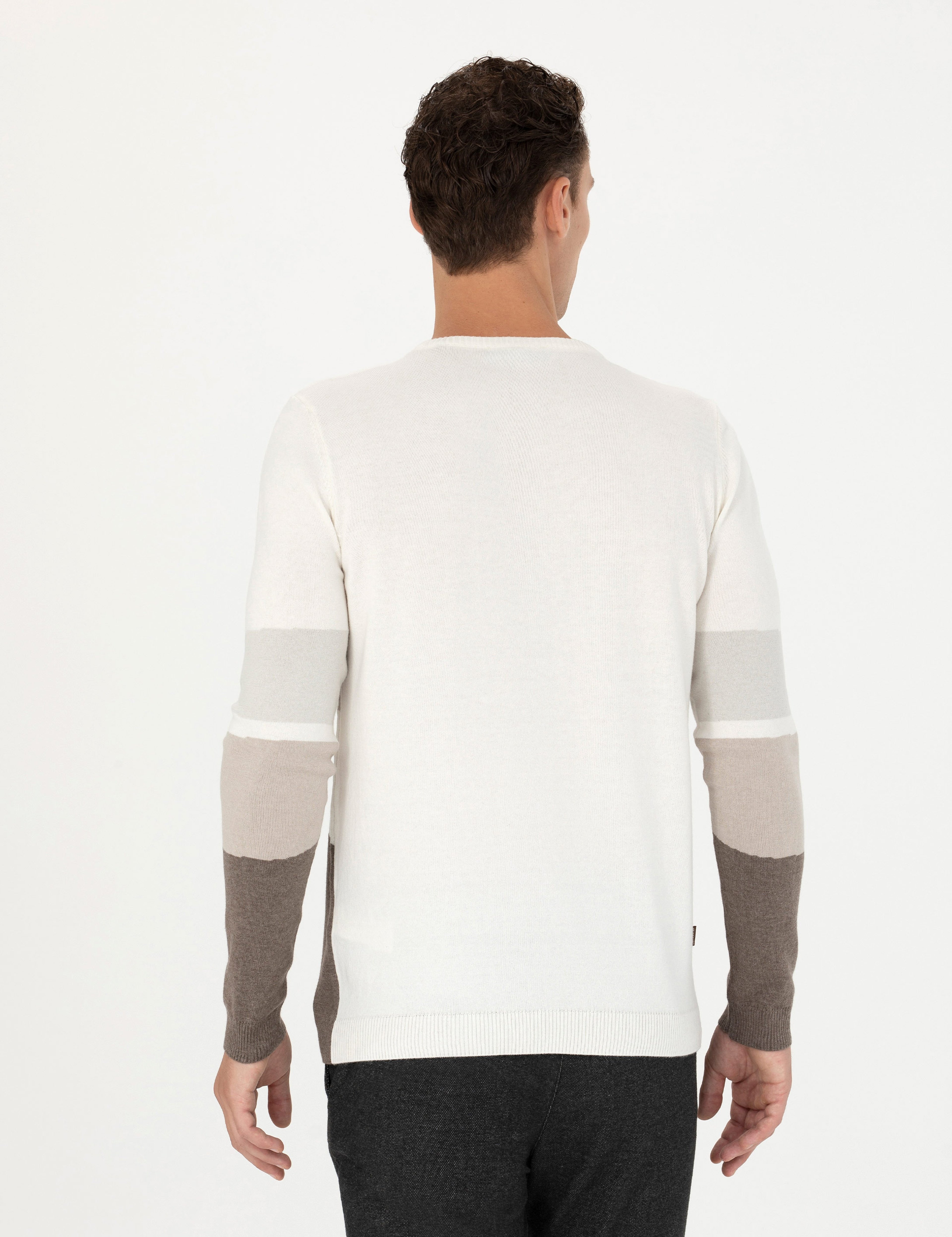 Ekru Slim Fit Bisiklet Yaka Triko Kazak - Image 5