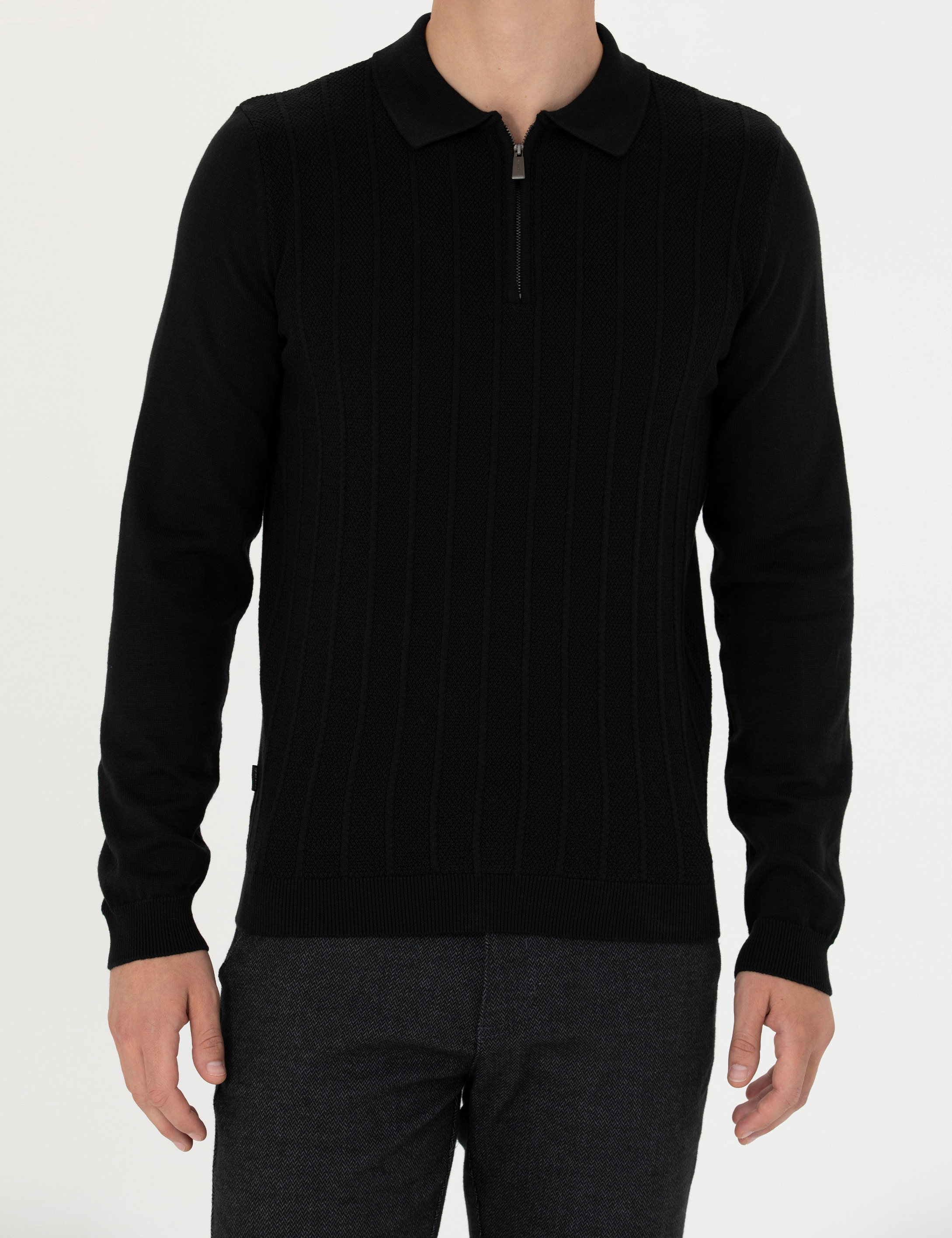 Siyah Slim Fit Fermuarlı Polo Yaka Triko Kazak - Image 6