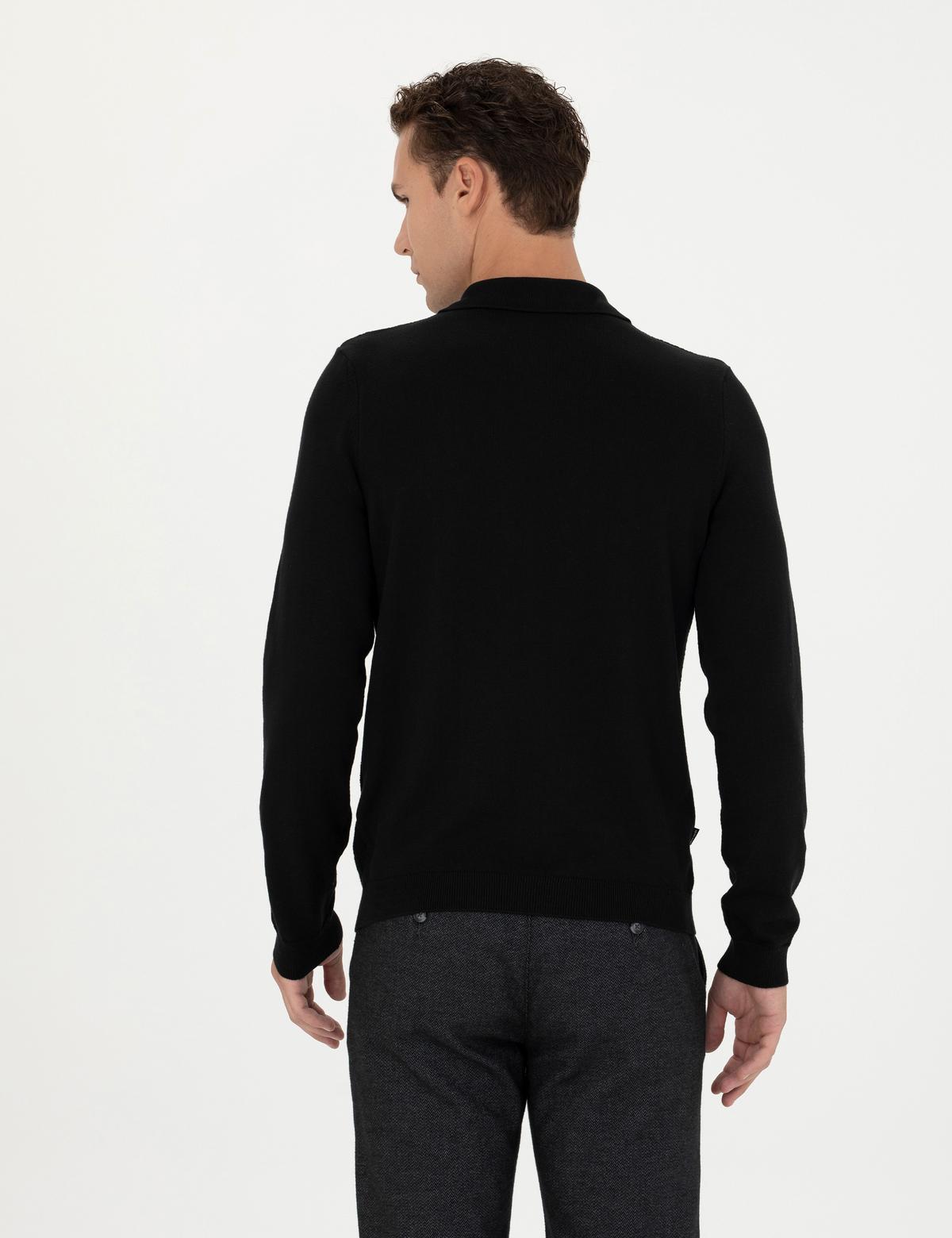 Siyah Slim Fit Fermuarlı Polo Yaka Triko Kazak - 50278088041