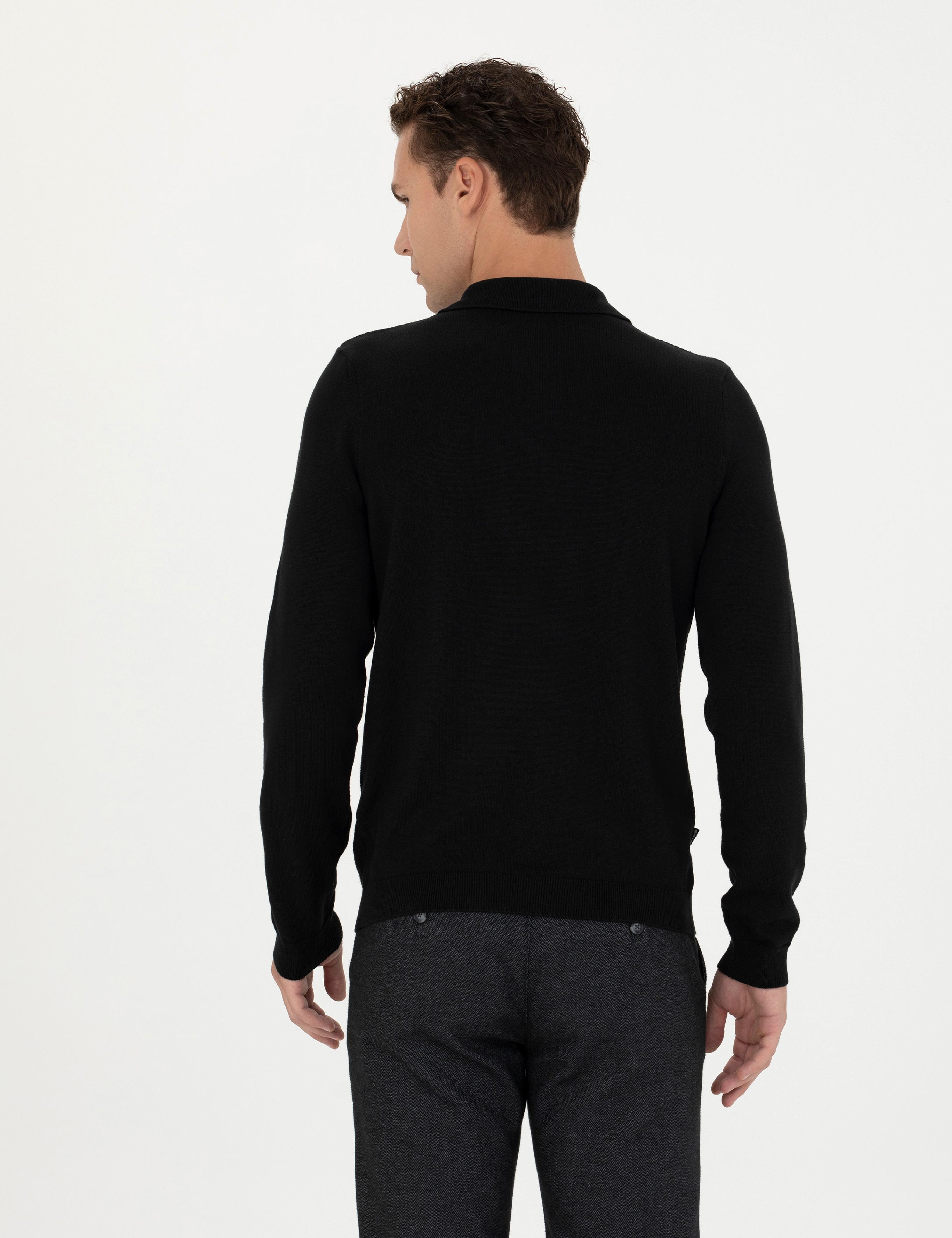 Siyah Slim Fit Fermuarlı Polo Yaka Triko Kazak