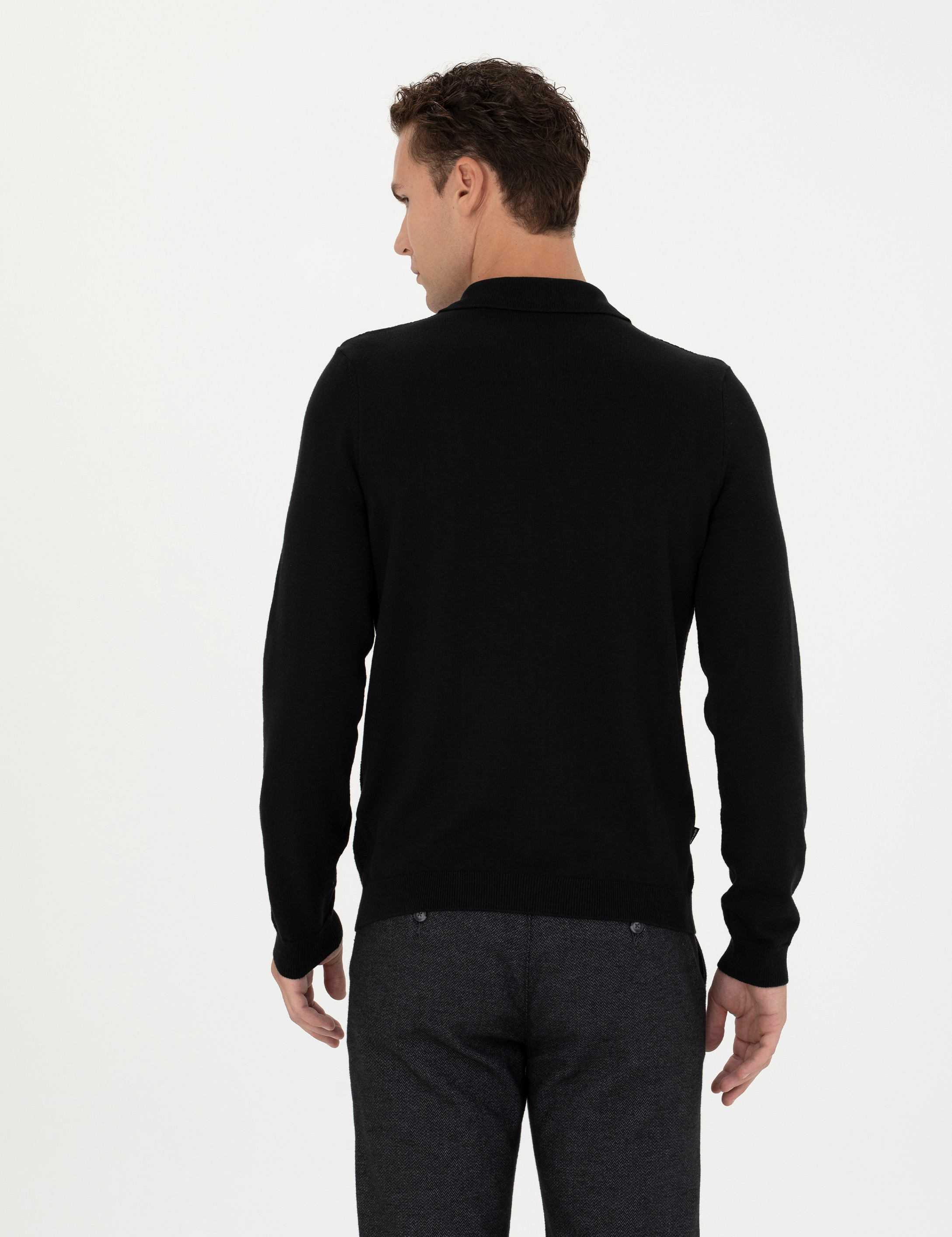 Siyah Slim Fit Fermuarlı Polo Yaka Triko Kazak - Image 5