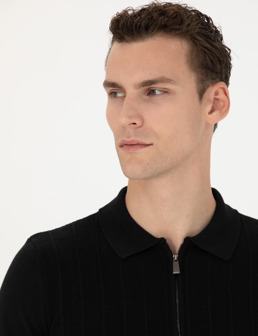 Siyah Slim Fit Fermuarlı Polo Yaka Triko Kazak