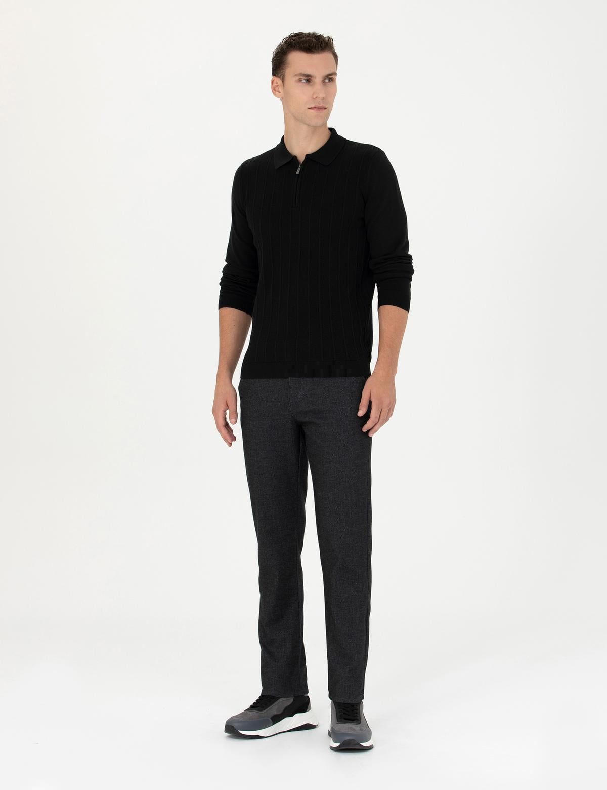 Siyah Slim Fit Fermuarlı Polo Yaka Triko Kazak - 50278088041