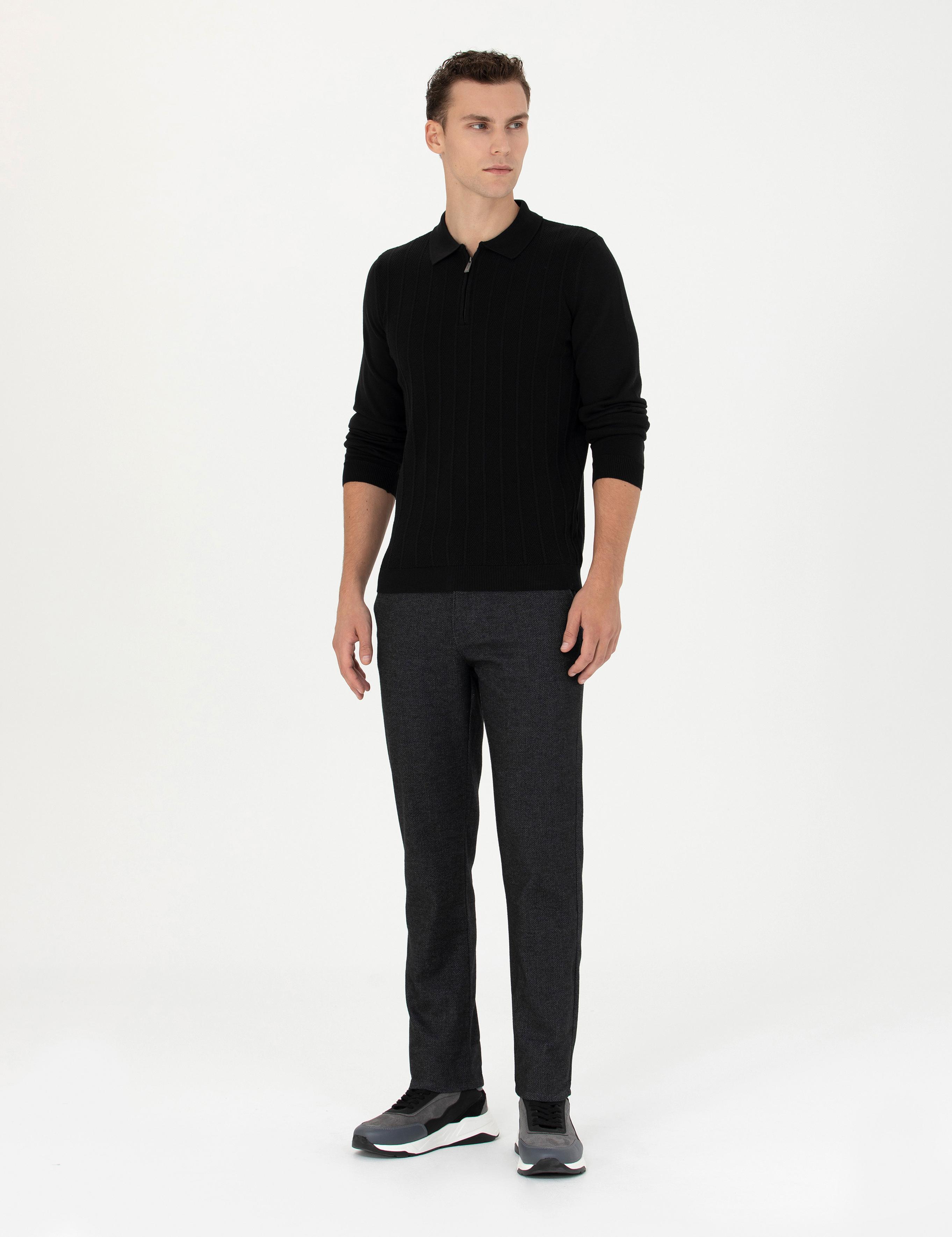 Siyah Slim Fit Fermuarlı Polo Yaka Triko Kazak