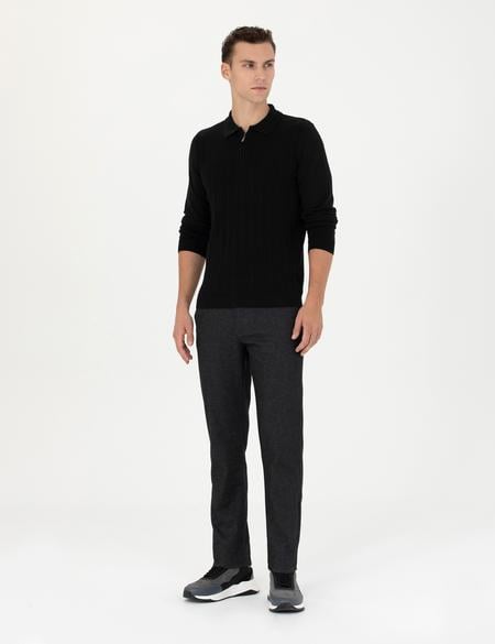 Siyah Slim Fit Fermuarlı Polo Yaka Triko Kazak - 50278088041