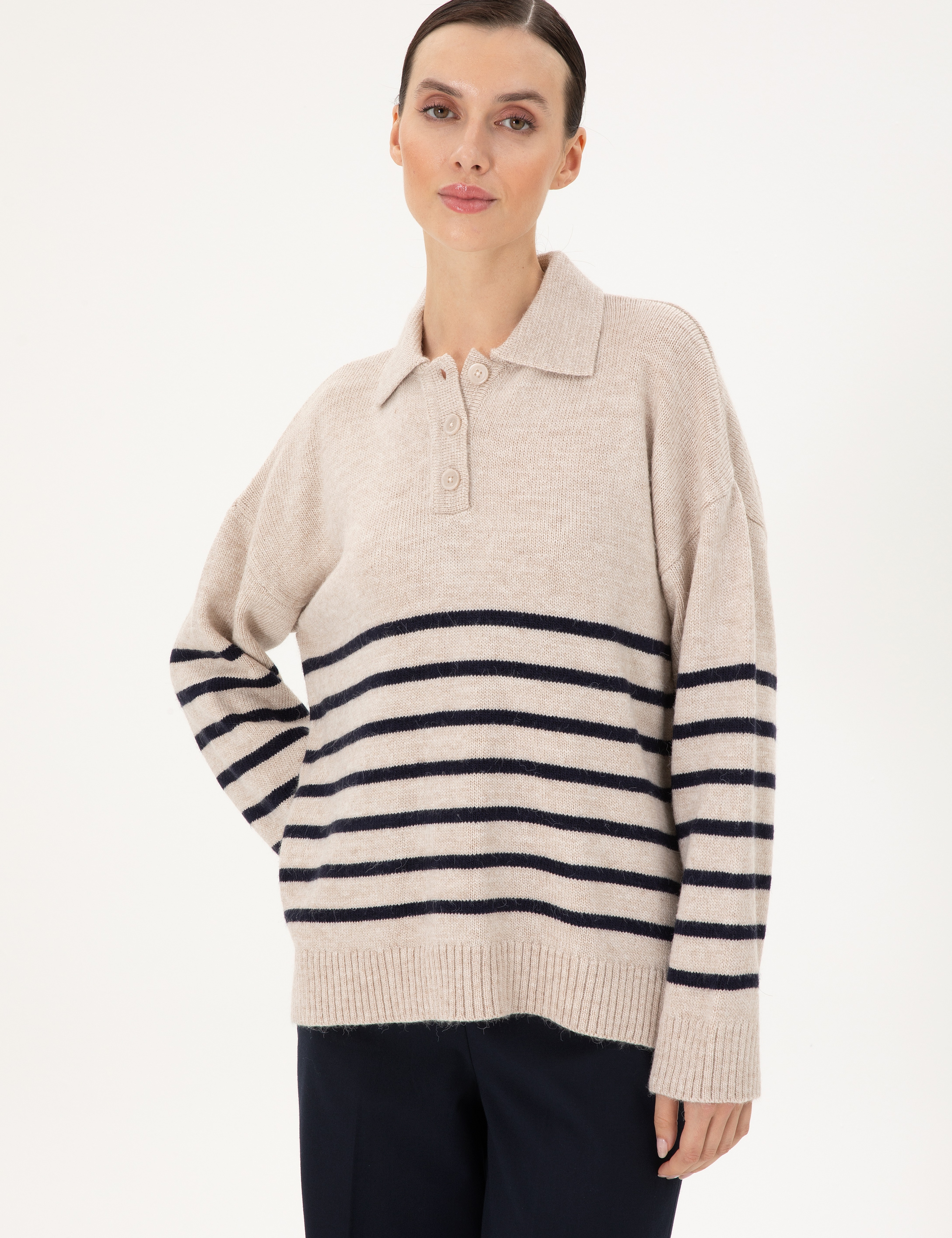 Ekru Comfort Fit Polo Yaka Kazak - Image 3