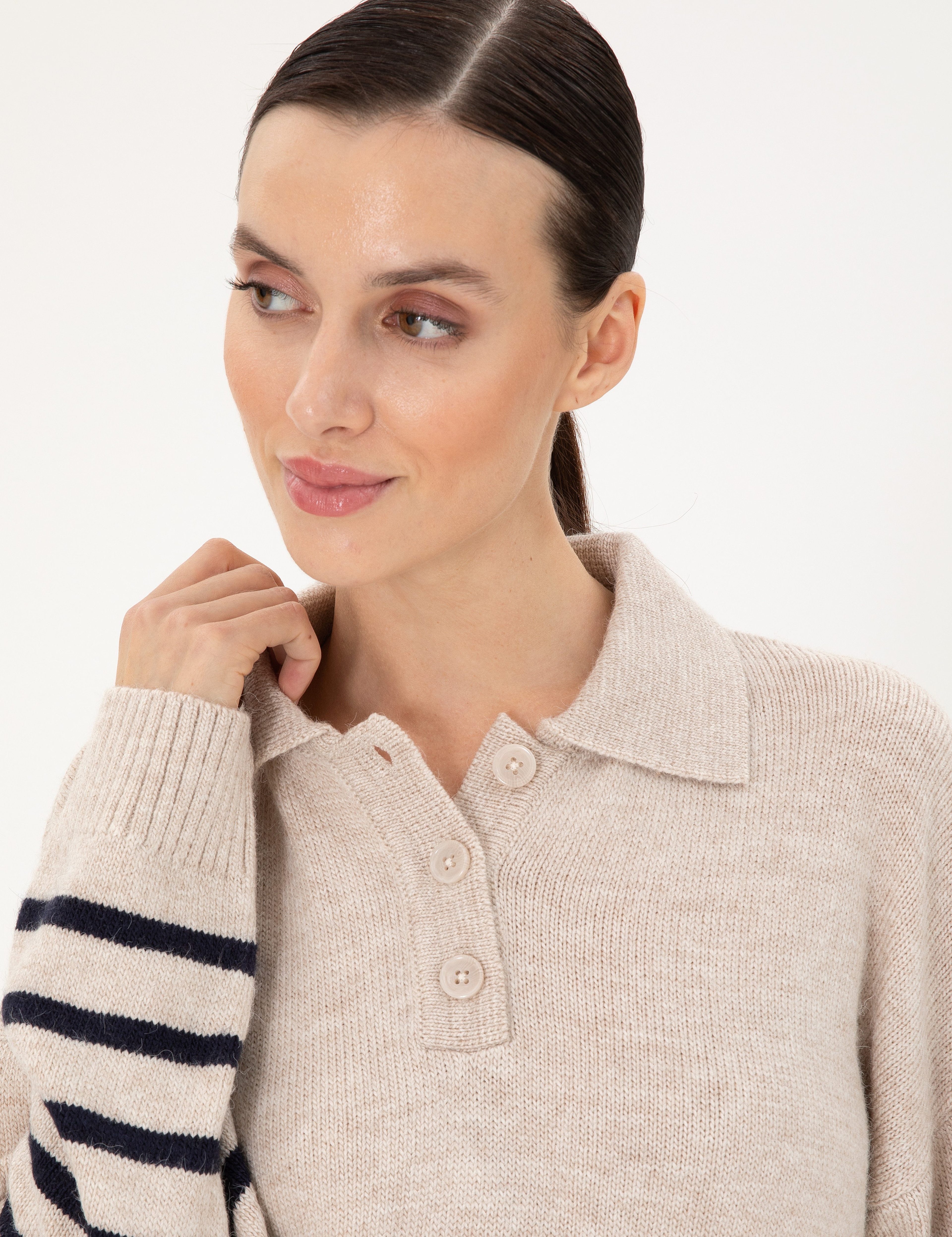 Ekru Comfort Fit Polo Yaka Kazak - Image 2