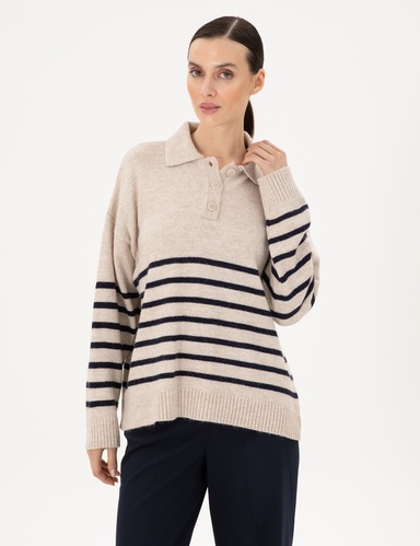 Ekru Comfort Fit Polo Yaka Kazak