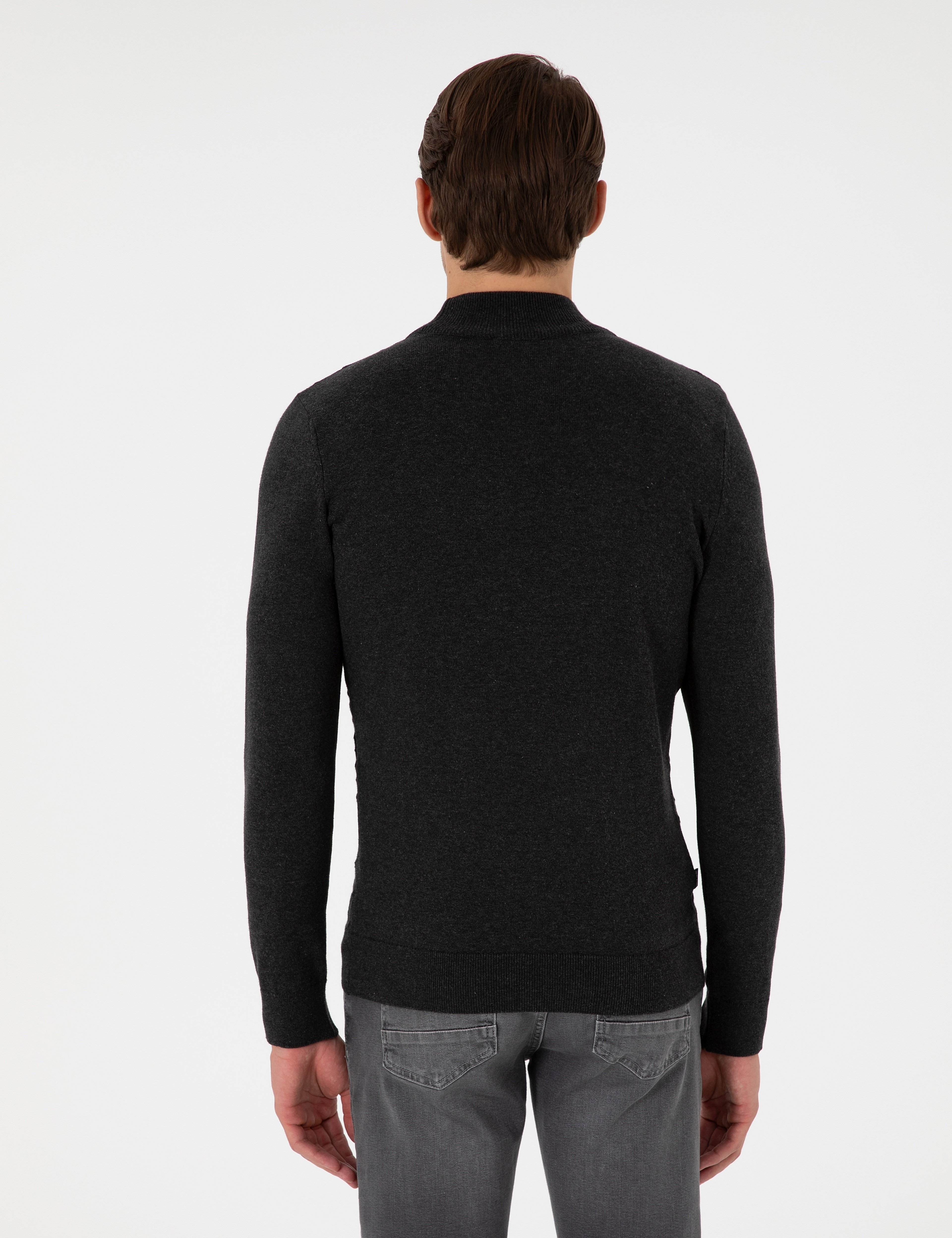 Antrasit Melanj Slim Fit Yarım Balıkçı Yaka Triko Kazak