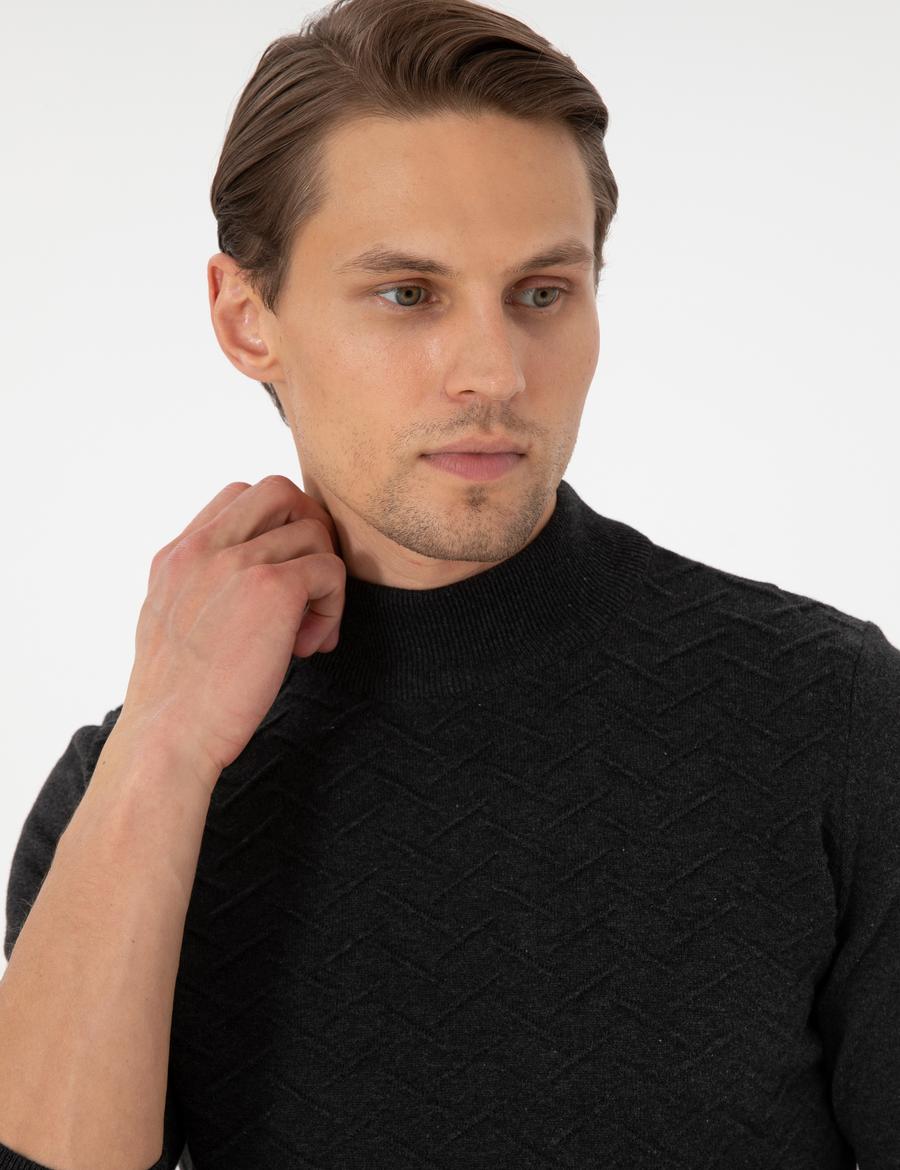 Antrasit Melanj Slim Fit Yarım Balıkçı Yaka Triko Kazak