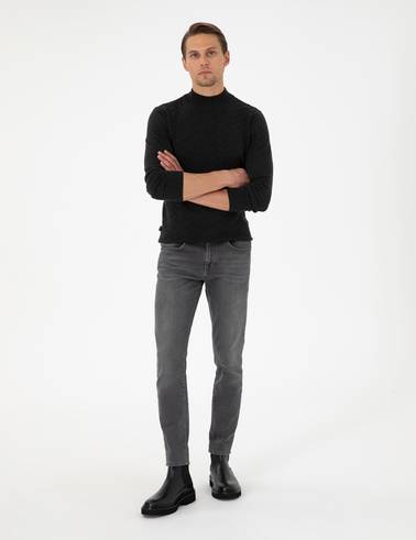 Antrasit Melanj Slim Fit Yarım Balıkçı Yaka Triko Kazak