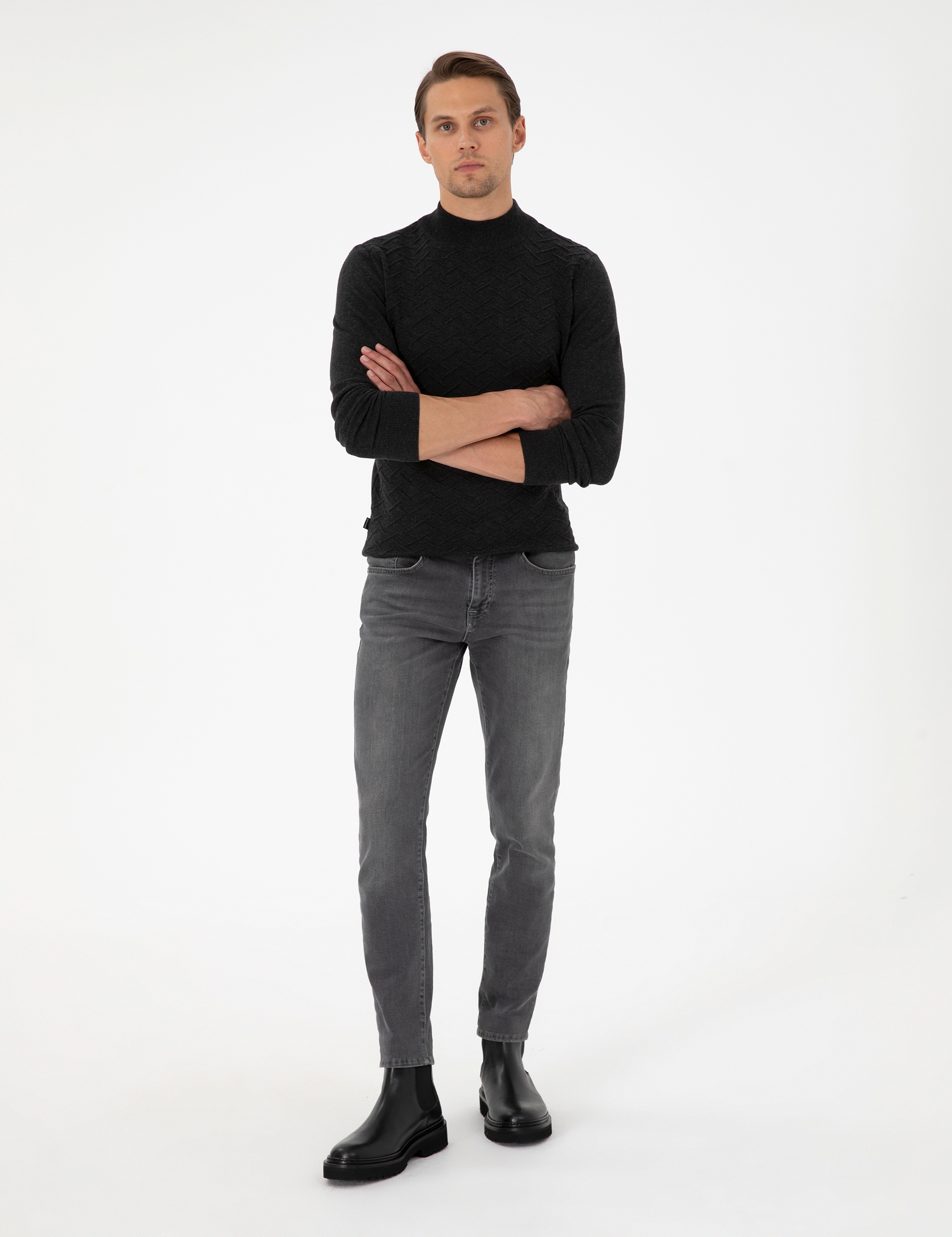 Antrasit Melanj Slim Fit Yarım Balıkçı Yaka Triko Kazak - Image 4