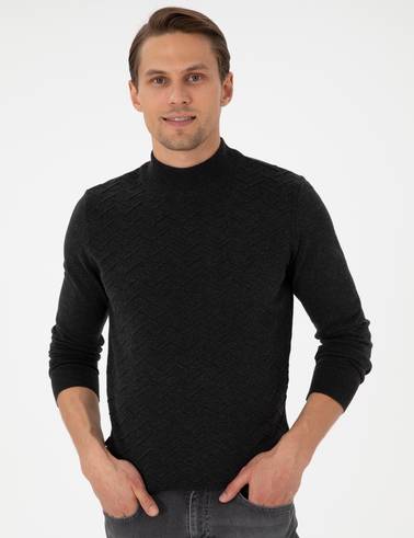 Antrasit Melanj Slim Fit Yarım Balıkçı Yaka Triko Kazak