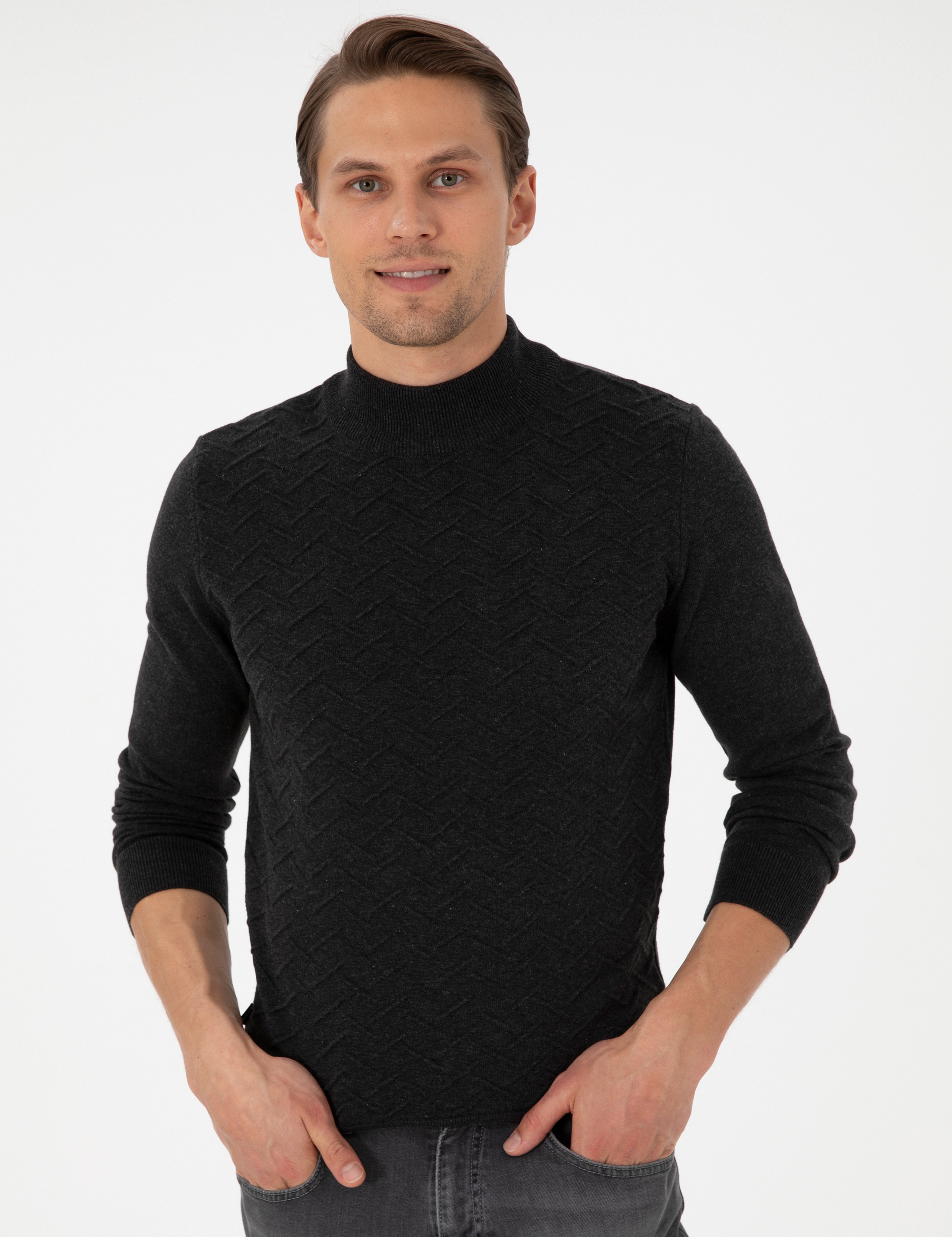 Antrasit Melanj Slim Fit Yarım Balıkçı Yaka Triko Kazak - Image 3