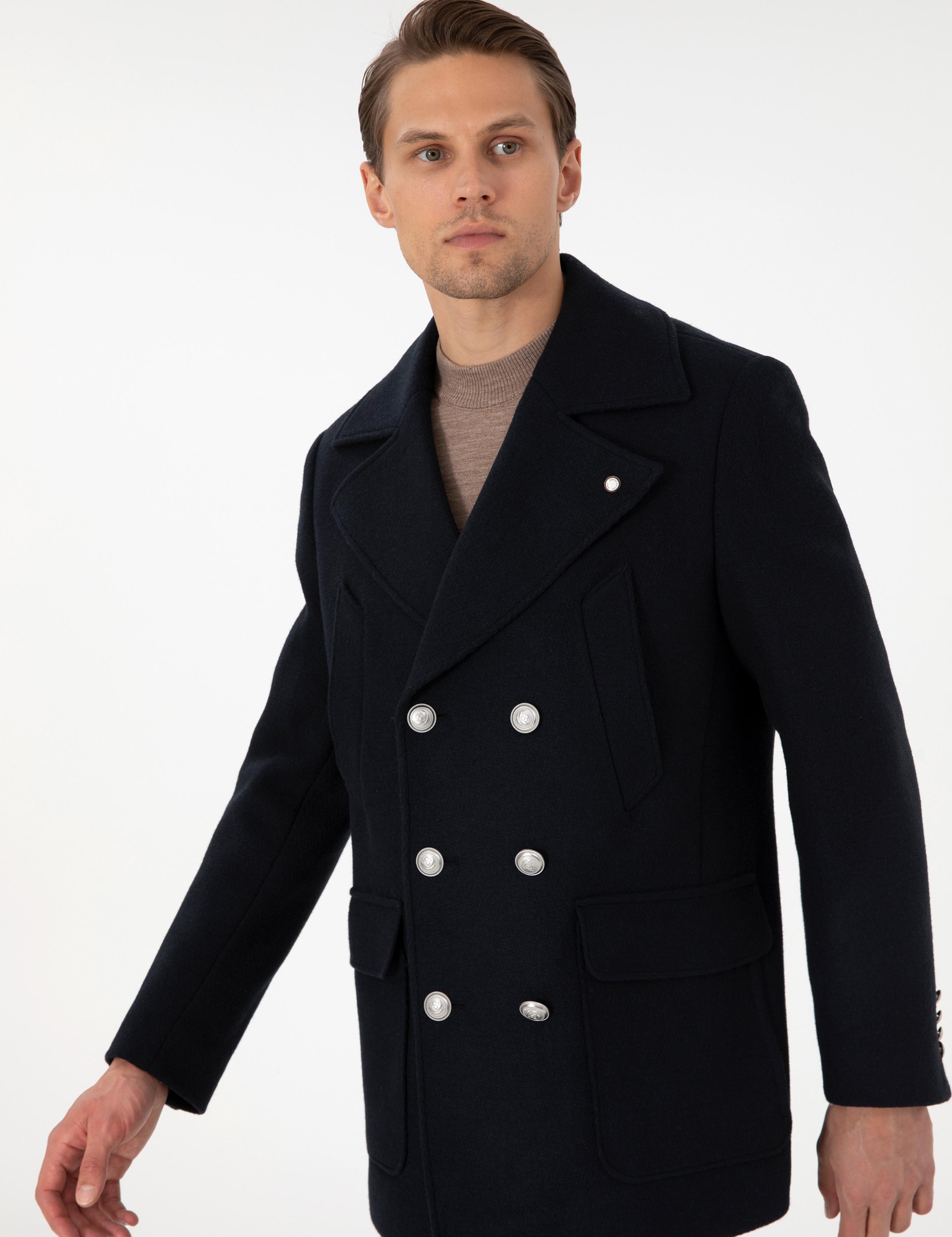 Lacivert Ex. Slim Fit Yün Karışımlı Kruvaze Kaşe Kaban