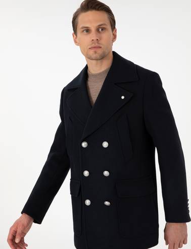 Lacivert Ex. Slim Fit Yün Karışımlı Kruvaze Kaşe Kaban