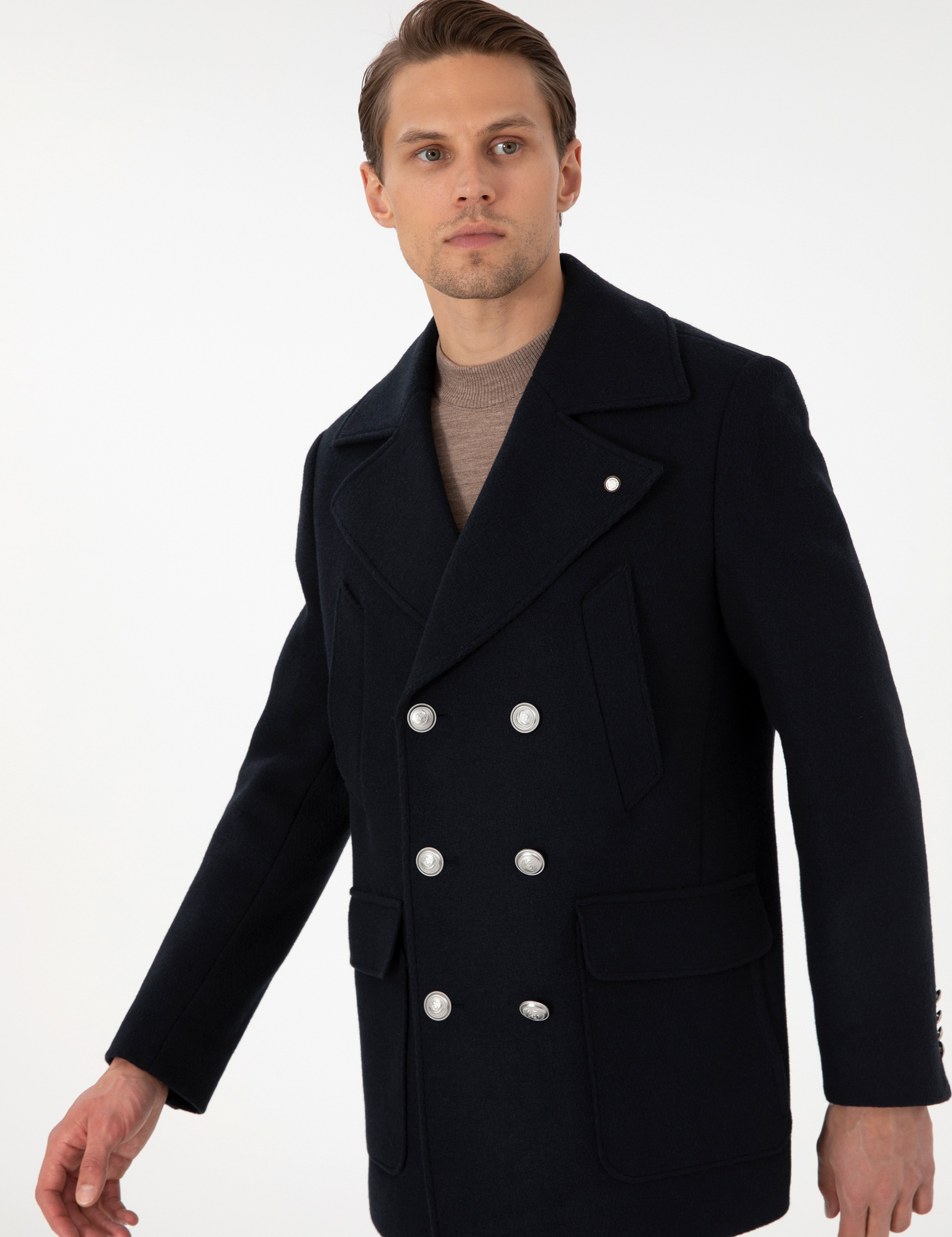 Lacivert Ex. Slim Fit Yün Karışımlı Kruvaze Kaşe Kaban - Image 3
