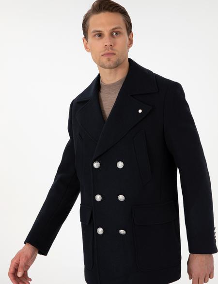 Lacivert Ex. Slim Fit Yün Karışımlı Kruvaze Kaşe Kaban - 50293292013