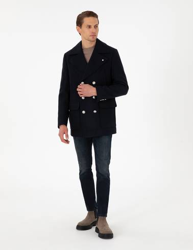 Lacivert Ex. Slim Fit Yün Karışımlı Kruvaze Kaşe Kaban