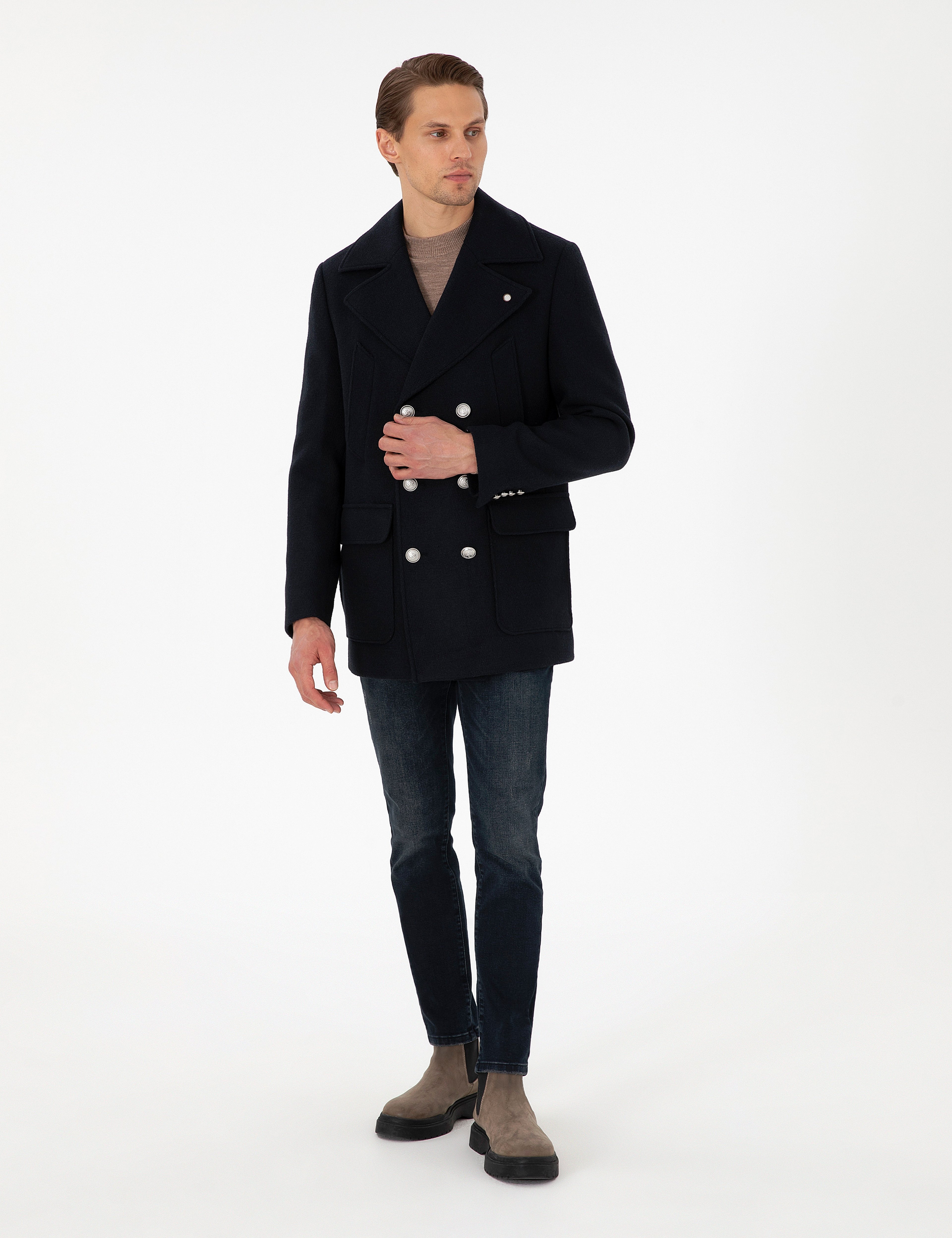 Lacivert Ex. Slim Fit Yün Karışımlı Kruvaze Kaşe Kaban - Image 4