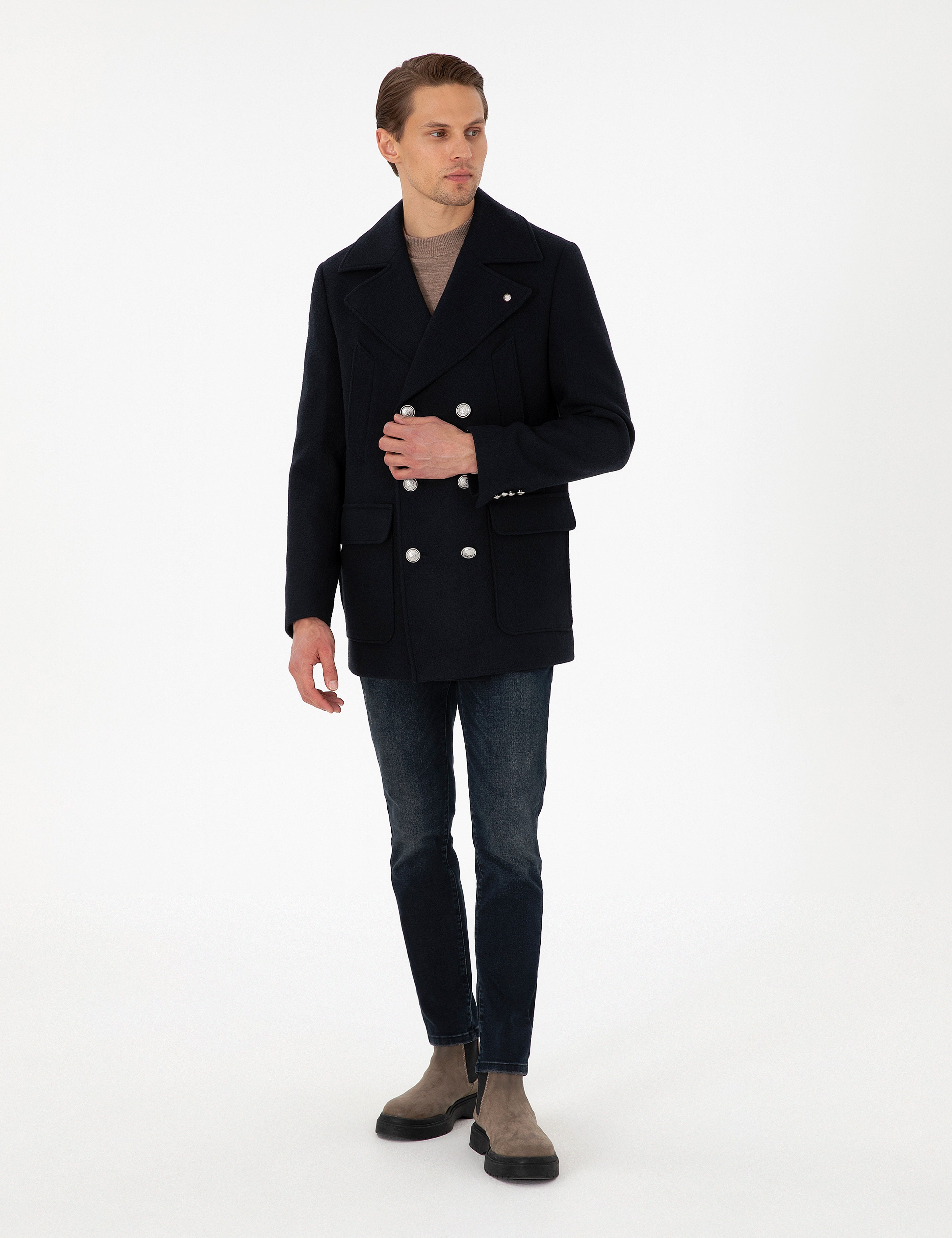 Lacivert Ex. Slim Fit Yün Karışımlı Kruvaze Kaşe Kaban