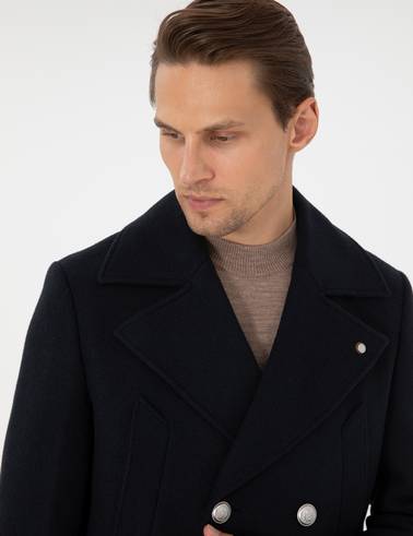 Lacivert Ex. Slim Fit Yün Karışımlı Kruvaze Kaşe Kaban