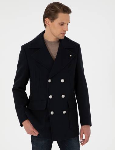 Lacivert Ex. Slim Fit Yün Karışımlı Kruvaze Kaşe Kaban