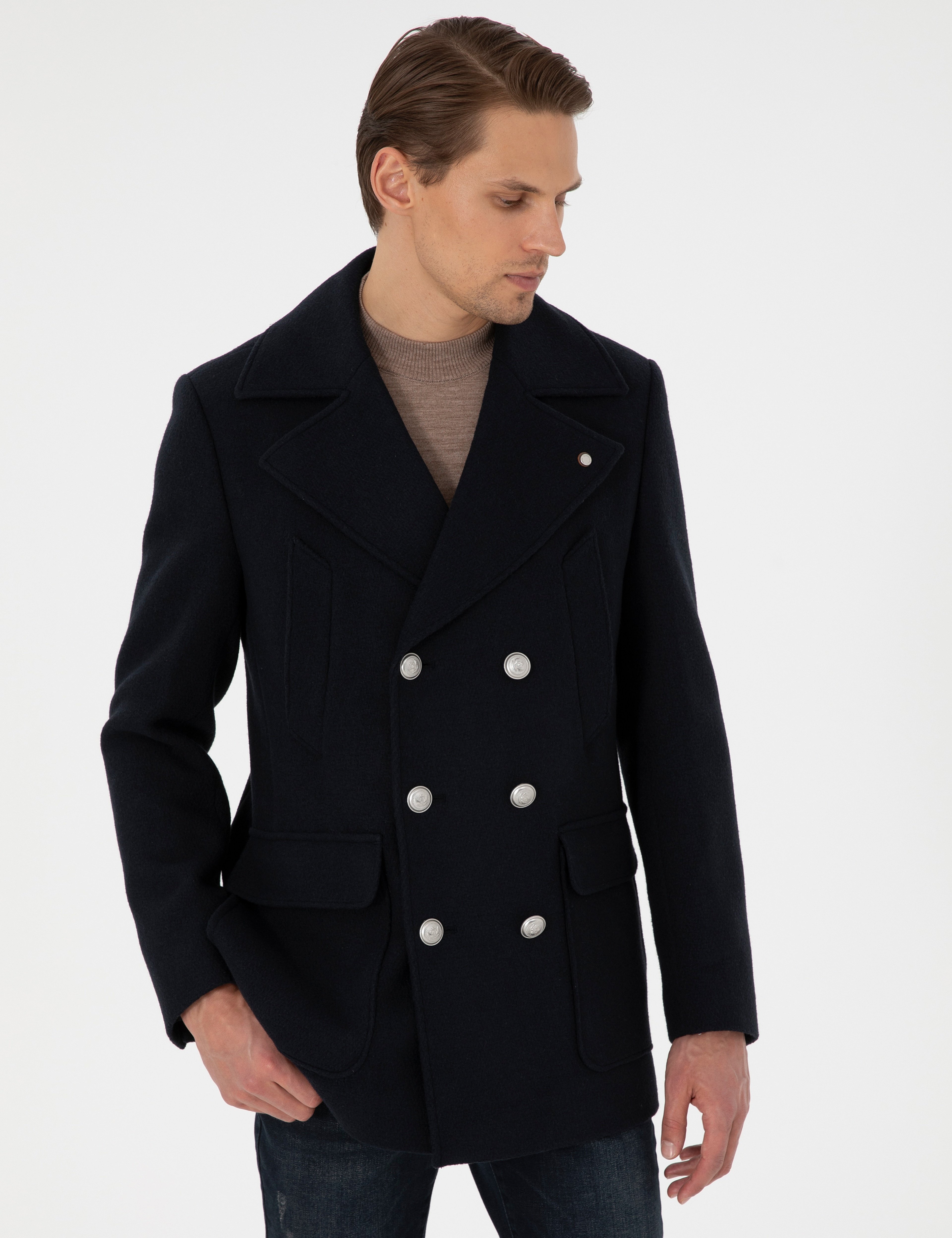 Lacivert Ex. Slim Fit Yün Karışımlı Kruvaze Kaşe Kaban - Image 1