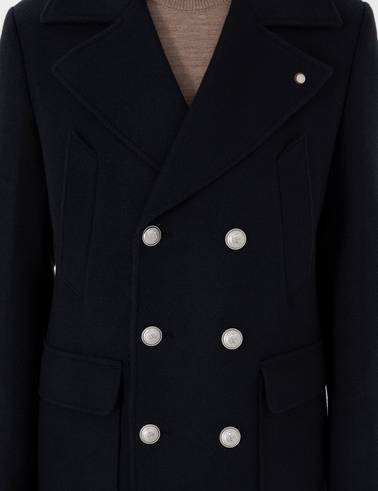 Lacivert Ex. Slim Fit Yün Karışımlı Kruvaze Kaşe Kaban
