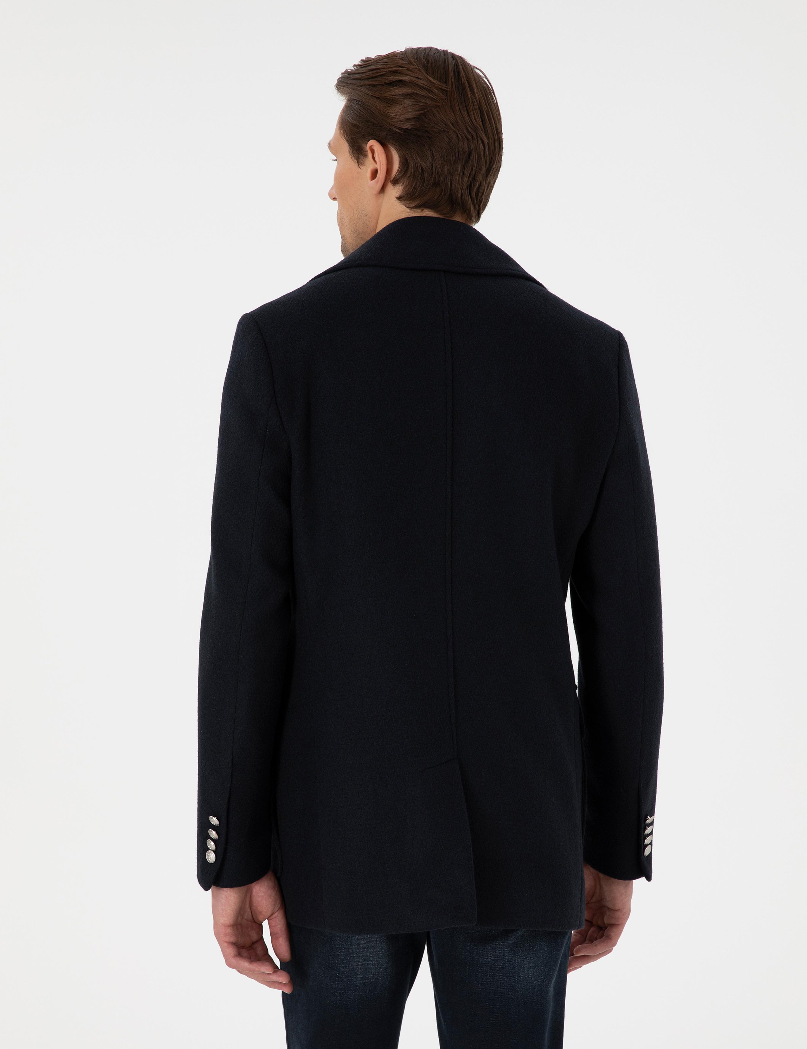 Lacivert Ex. Slim Fit Yün Karışımlı Kruvaze Kaşe Kaban