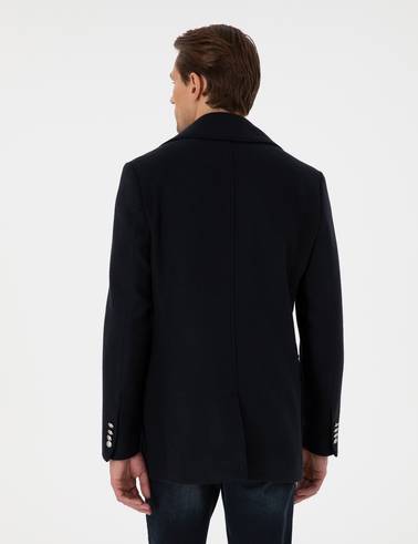 Lacivert Ex. Slim Fit Yün Karışımlı Kruvaze Kaşe Kaban